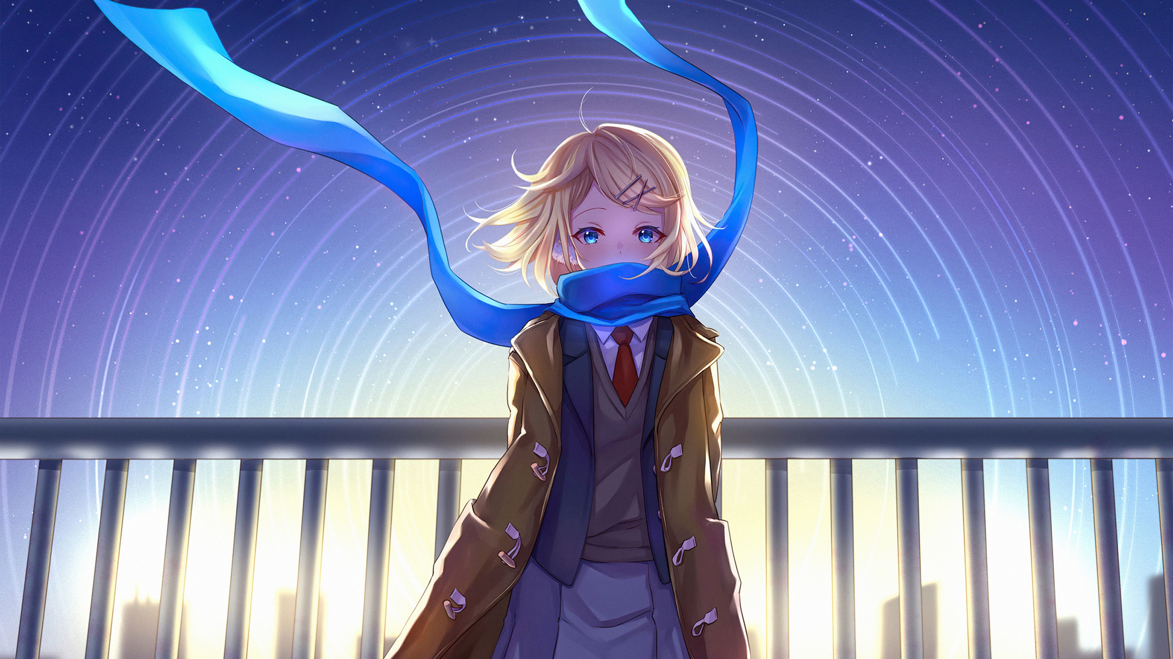 4480x2520 Anime girl Wallpaper 4K, School uniform, Star trail, Scarf