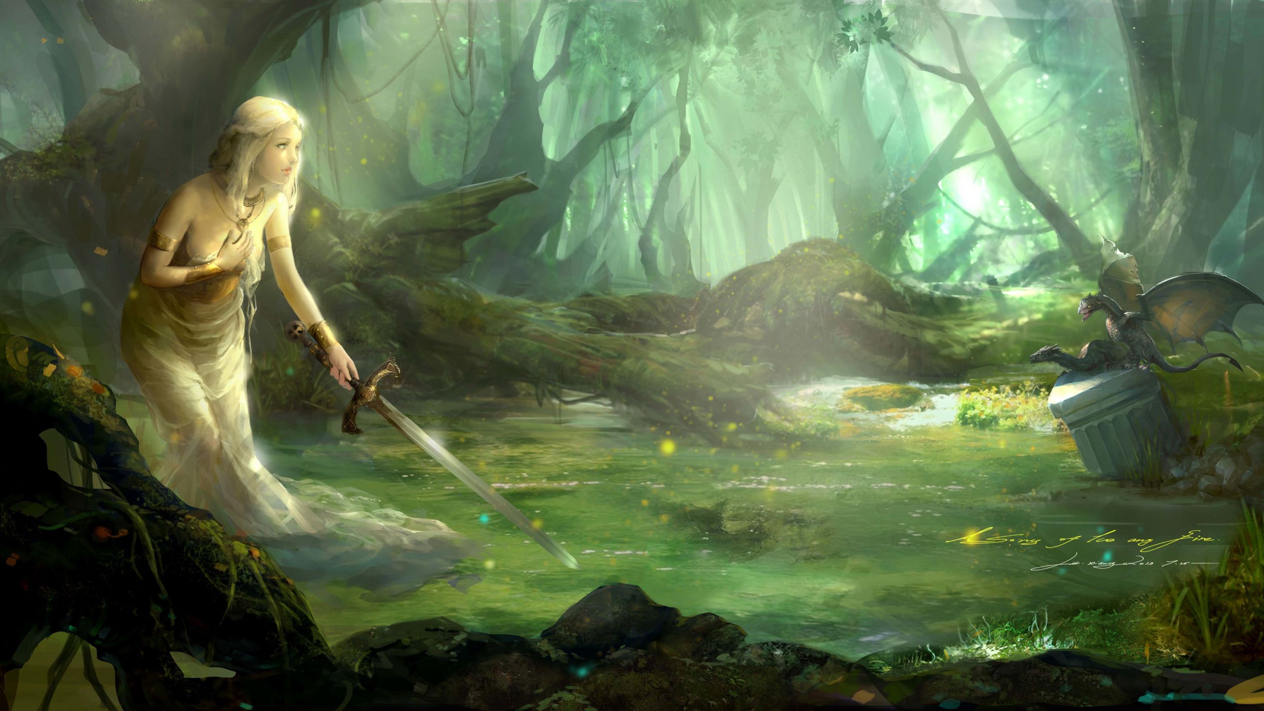 2560x1440 Download wallpaper forest, water, girl, dragons, sword, art, A Song of Ice and Fire, lu xiangxiang, section fantasy in resolution 2560x1440