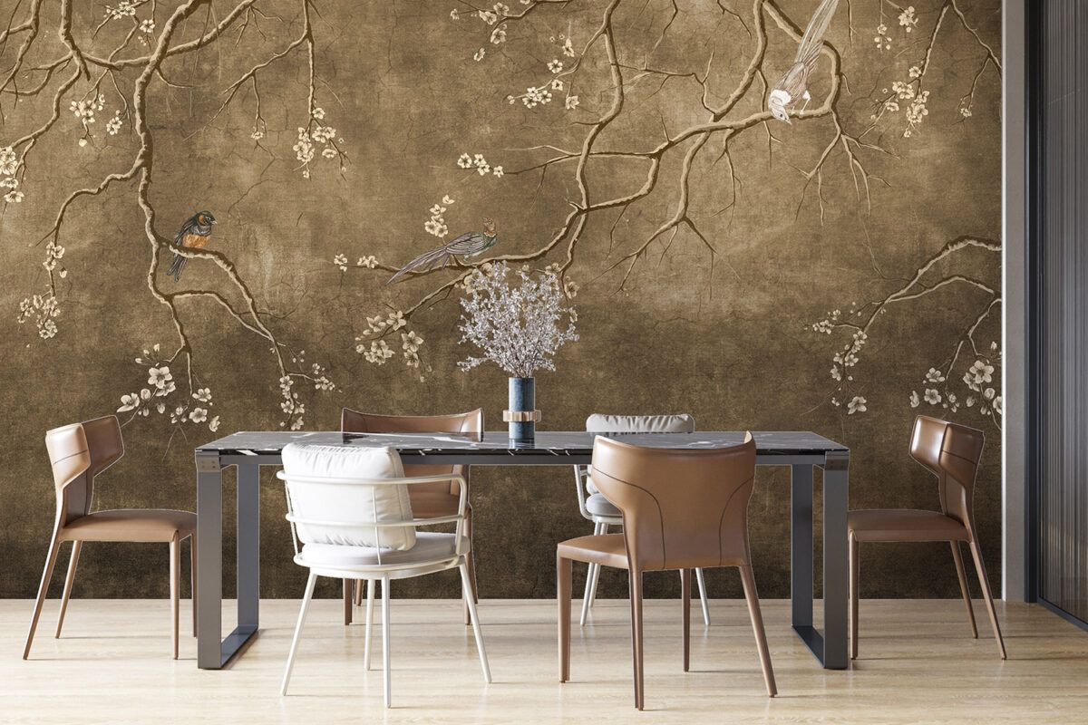 1200x800 Chinoiserie Wallpaper Beige Flowers and Birds Wall Mural A Plus
