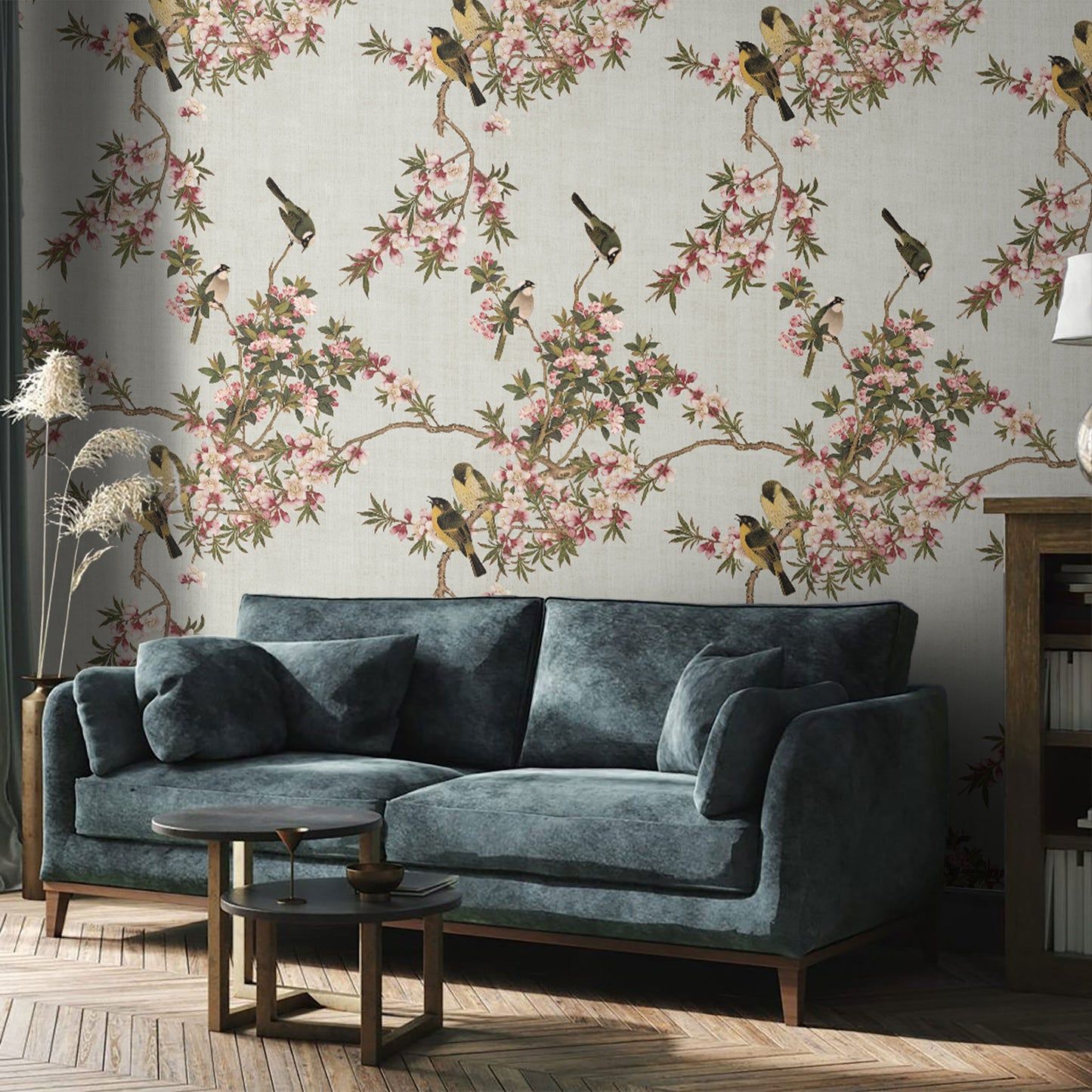 1445x1445 Pink & White Flower with Birds Chinoiserie Wallpaper in US. RollsRolla