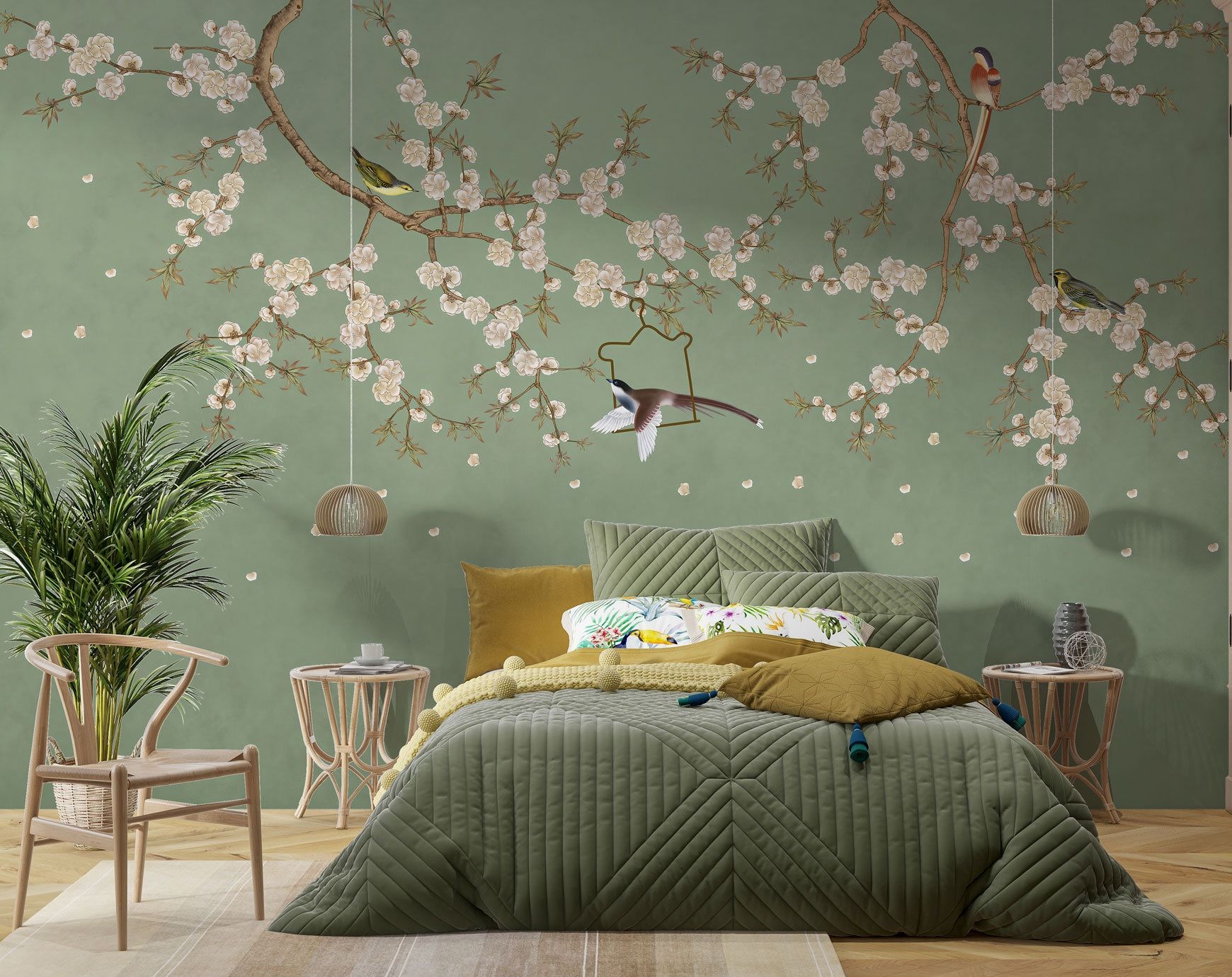1740x1380 Green Chinoiserie Wallpaper Birds and Flowers Wall Mural