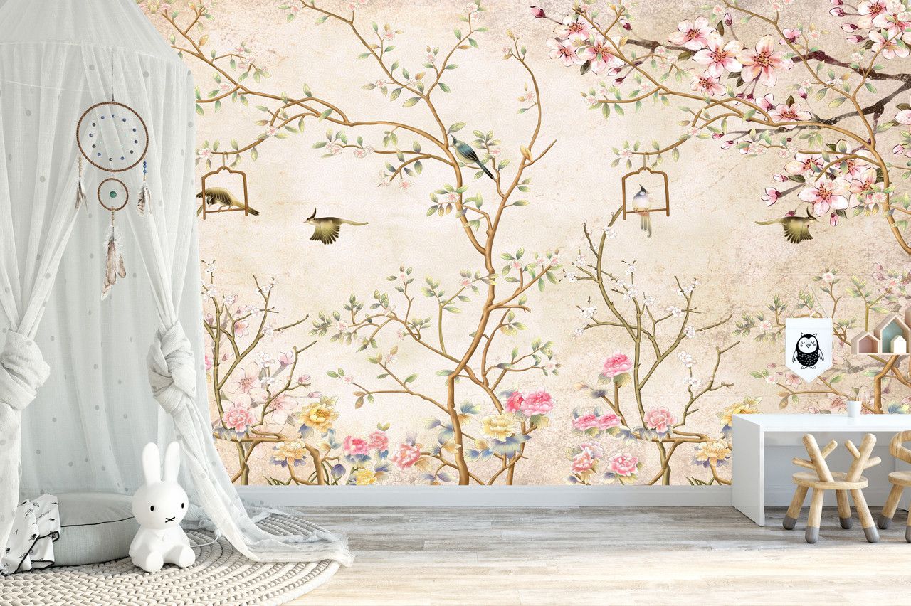 1280x852 Chinoiserie Peel and Stick Wallpaper Mural Cream Soft Pink Blush Vintage Cherry Blossom Tree Décor Asian Wall Art Sizes Mural