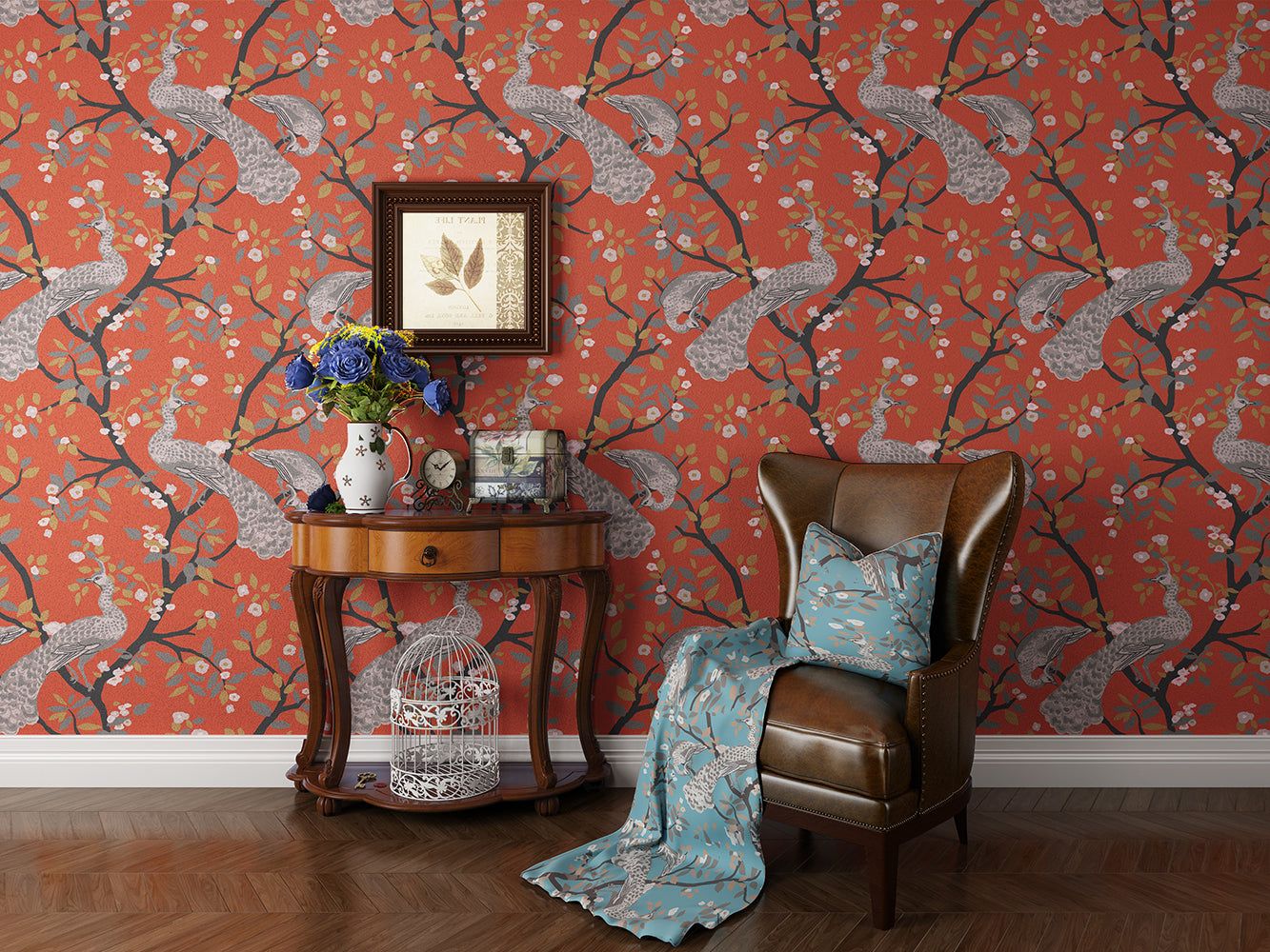 1333x1000 Chinoiserie Peacock Vinyl Wallpaper
