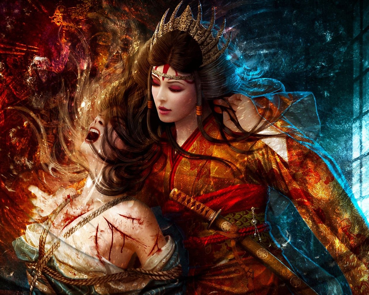 1280x1024 Fantasy Red Dress Girl, Torture, Rope, Sword 640x1136 IPhone 5 5S 5C SE Wallpaper, Background, Picture, Image