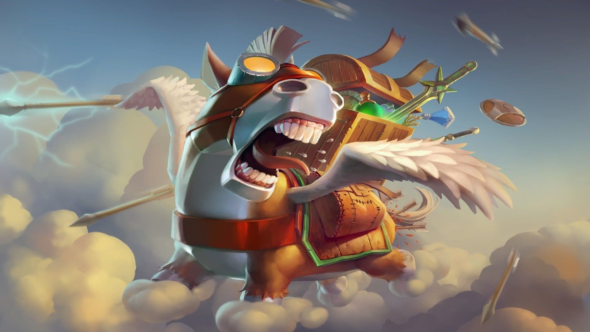 1920x1080 Wallpaper / costume, Loading screen, Dota 2 Courier, one person, celebration, sky, front view, representation, sunlight, mask, multi colored, creativity, art and craft free download