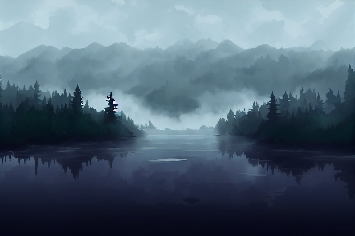 1152x768 prompthunt: 2D digital anime drawing of an ominous foggy Scottish loch, spooky, creepy, misty, foggy, cold, damp, Scotland, anime background, flat colors, dark, dim, haunted