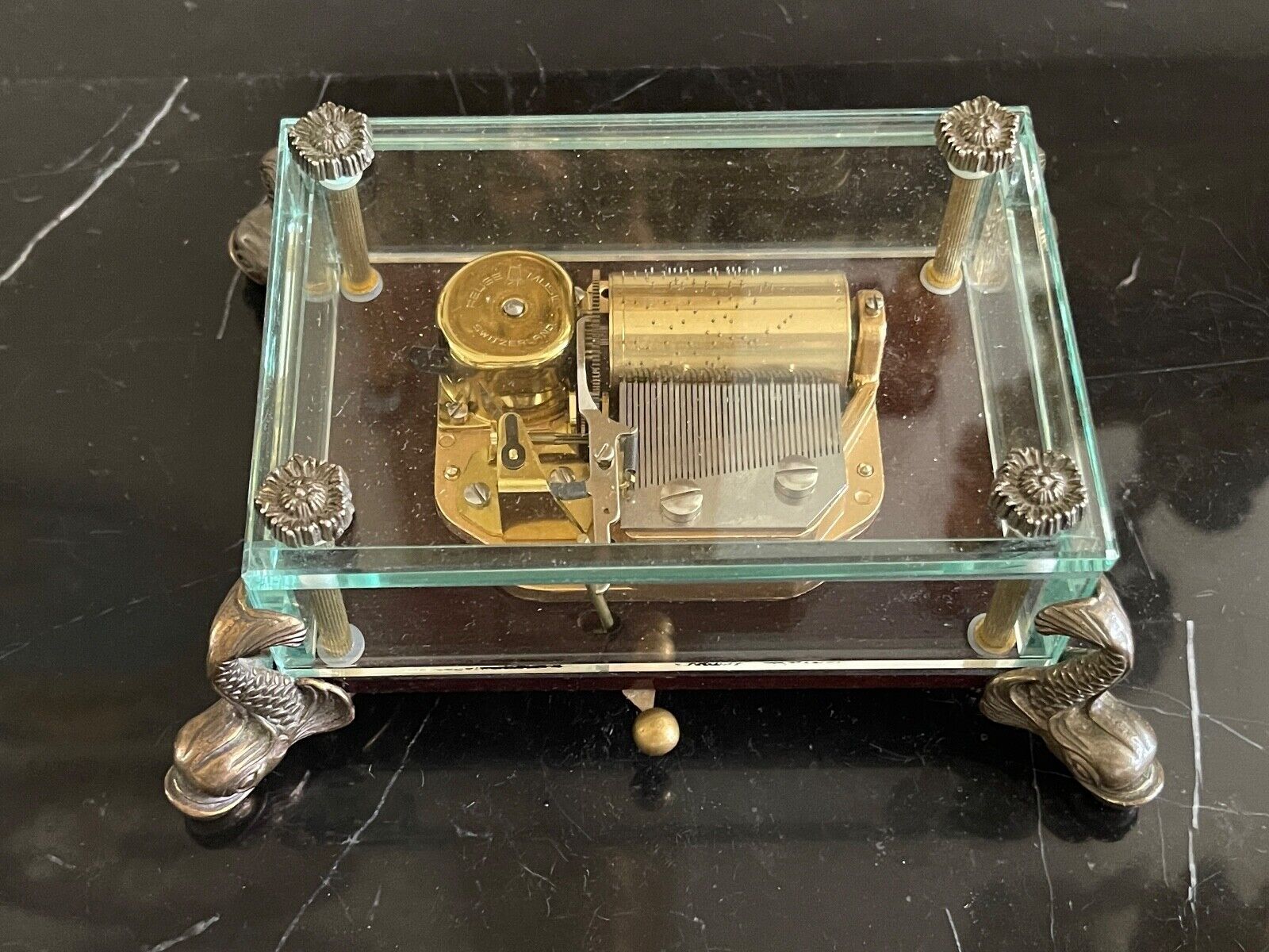 1600x1200 Vintage Reuge Switzerland Glass with Brass Dolphin Feet Music Box