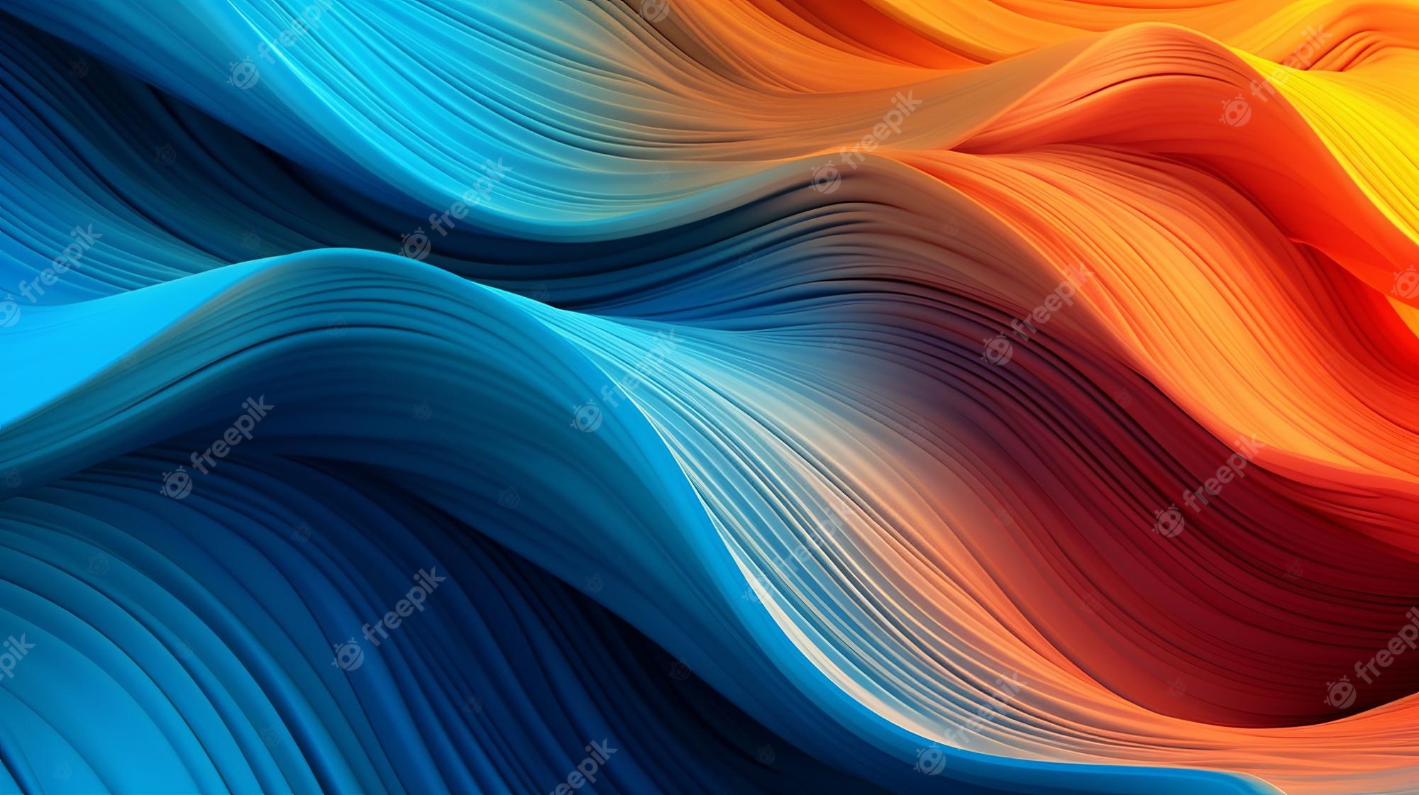 2000x1121 Premium Photo. Digital wallpaper featuring abstract waves in a captivating combination of blue and orange colors creating a visually dynamic and energetic composition generative ai