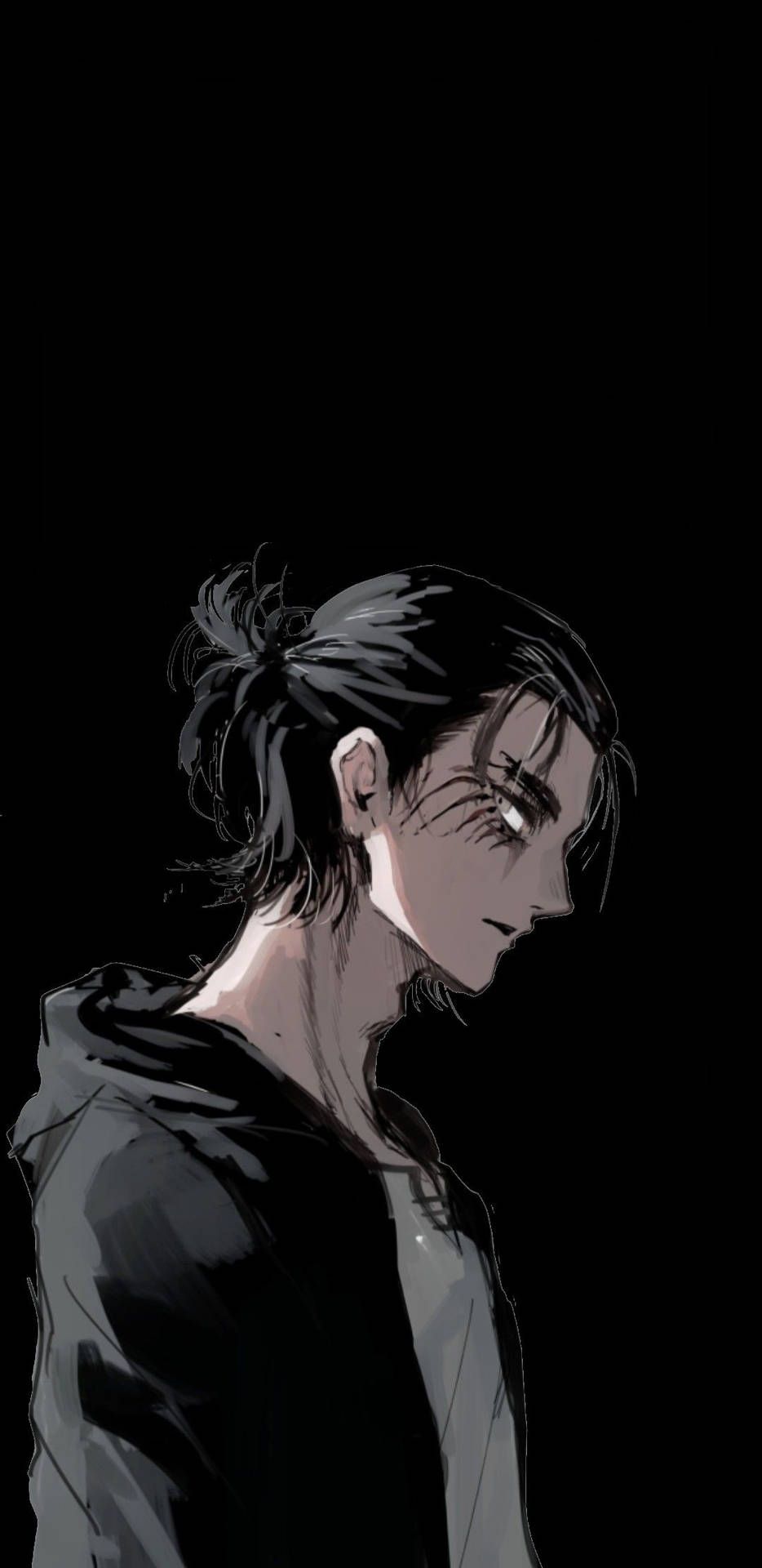 934x1920 Download Unleashing Fury: Black and White Illustration of Eren Yeager Wallpaper