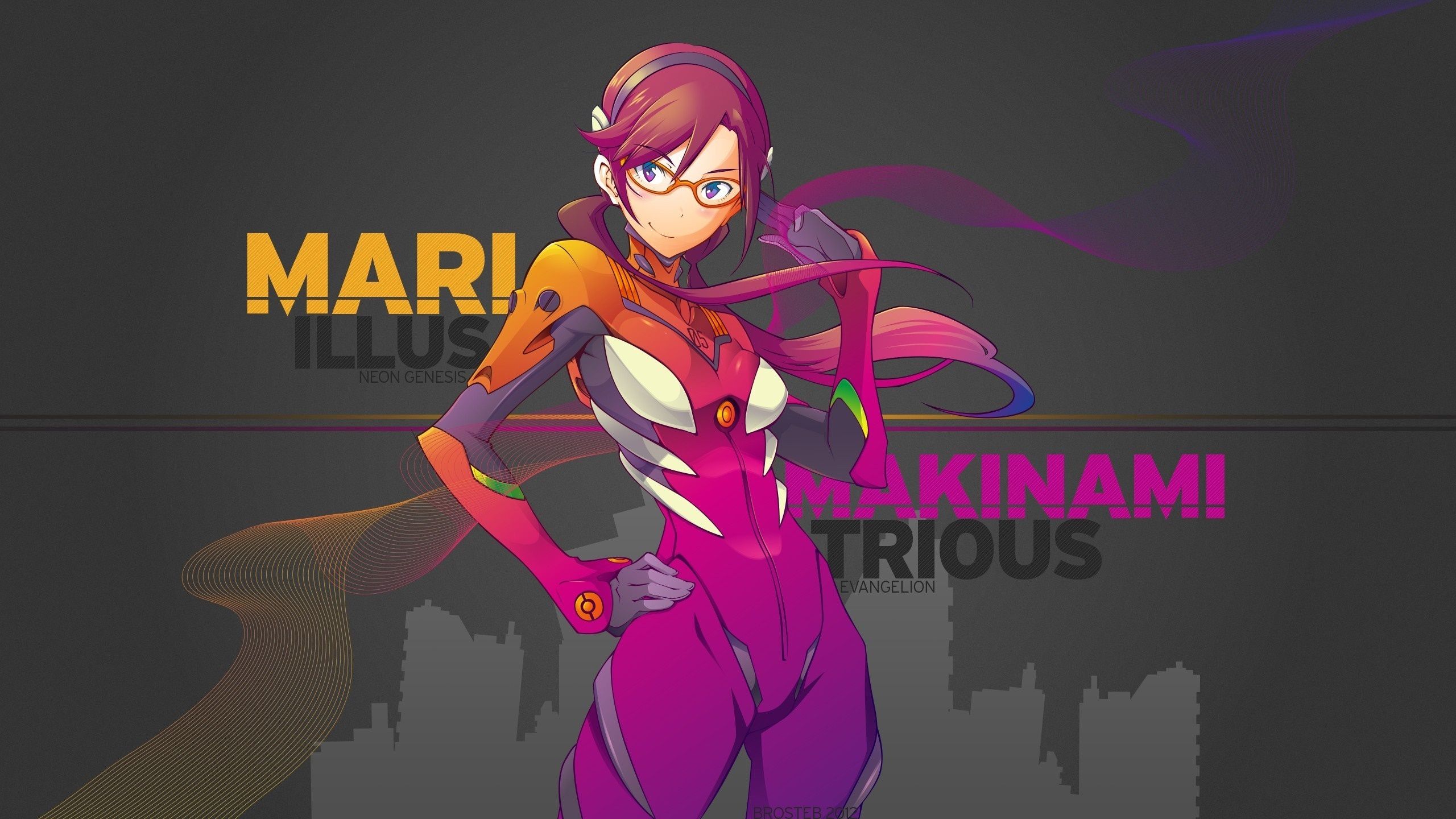 2560x1440 illustration, anime, anime girls, glasses, Neon Genesis Evangelion, artwork, text, cartoon, Makinami Mari, screenshot Gallery HD Wallpaper
