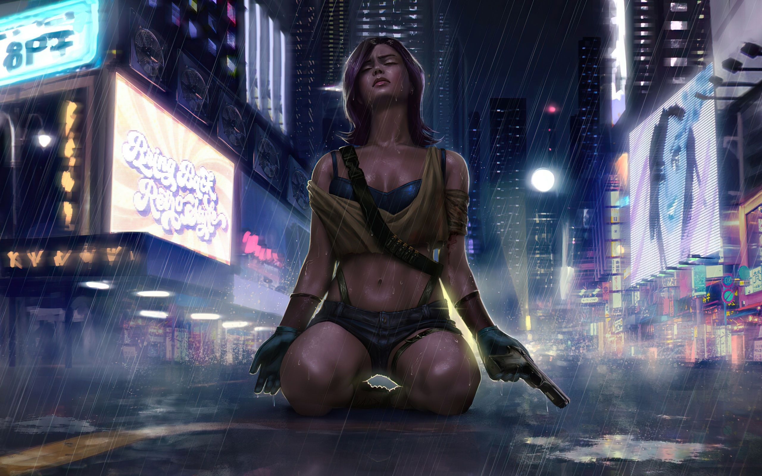 2560x1600 Wallpaper 4k Cyber Girl Rain City 4k Wallpaper