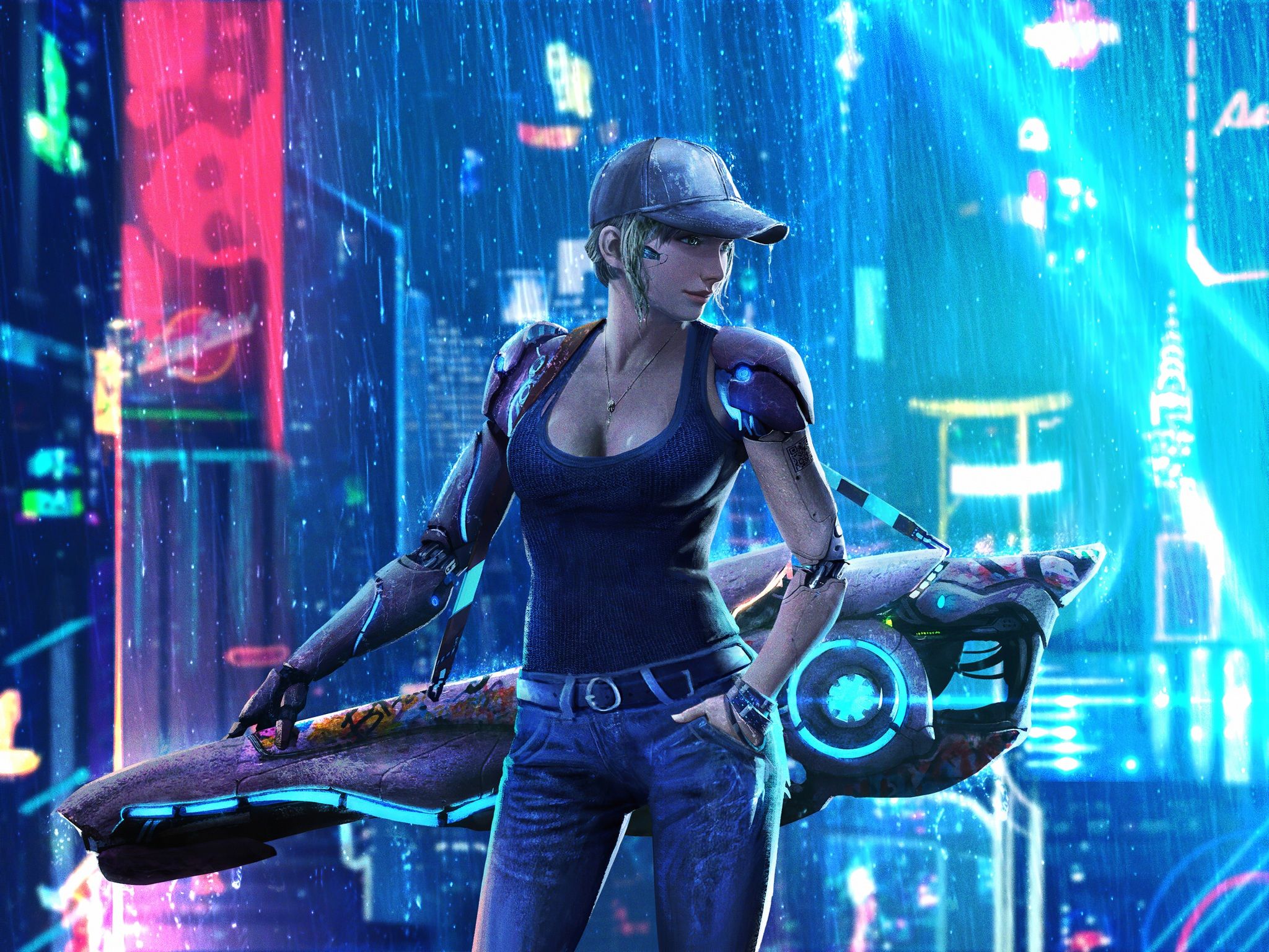 2048x1536 Wallpaper 4k Cybergirl City Bike Wallpaper