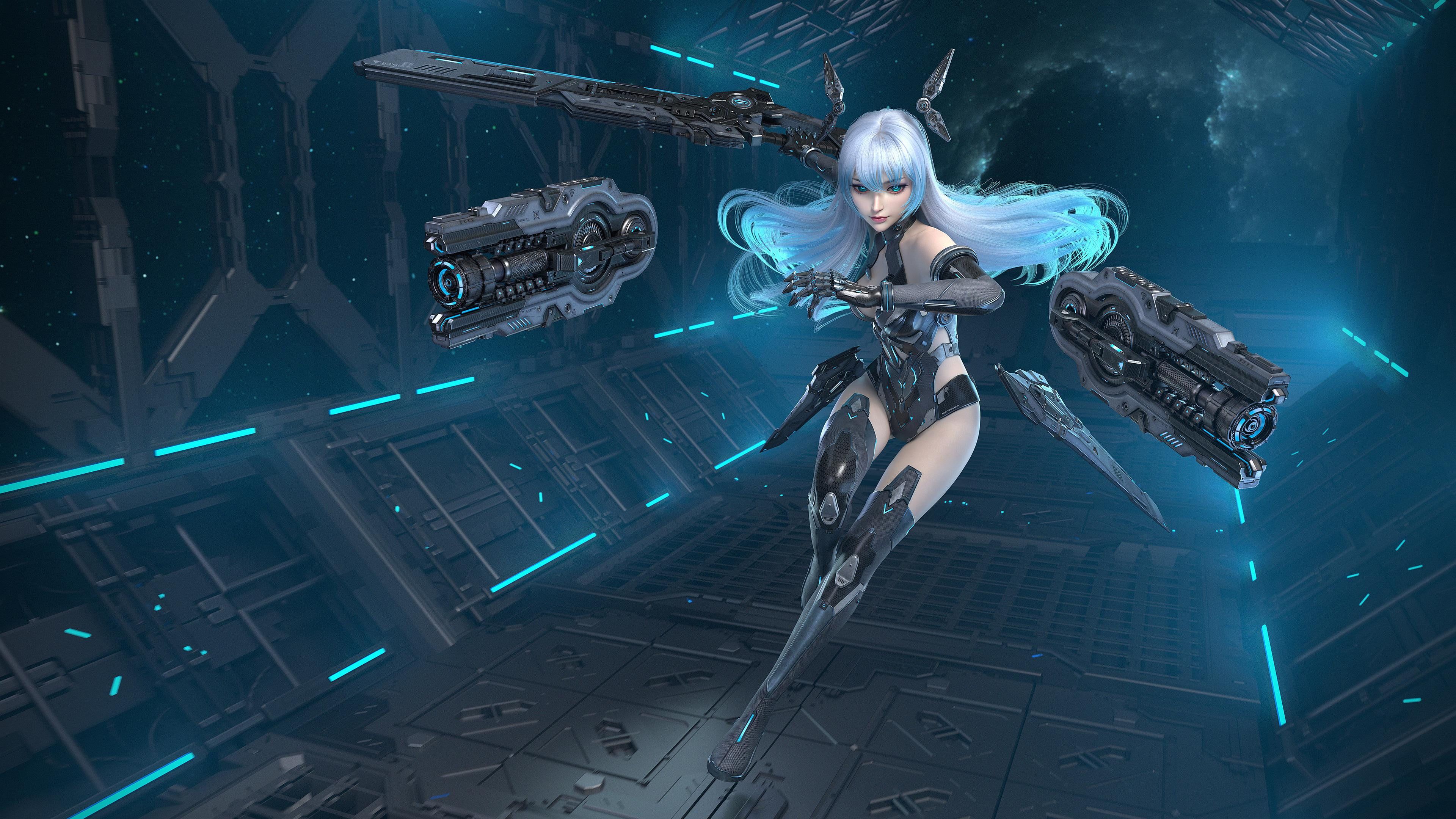 3840x2160 Wallpaper / 4K, space, cybergirl, gun, environment, 4K free download