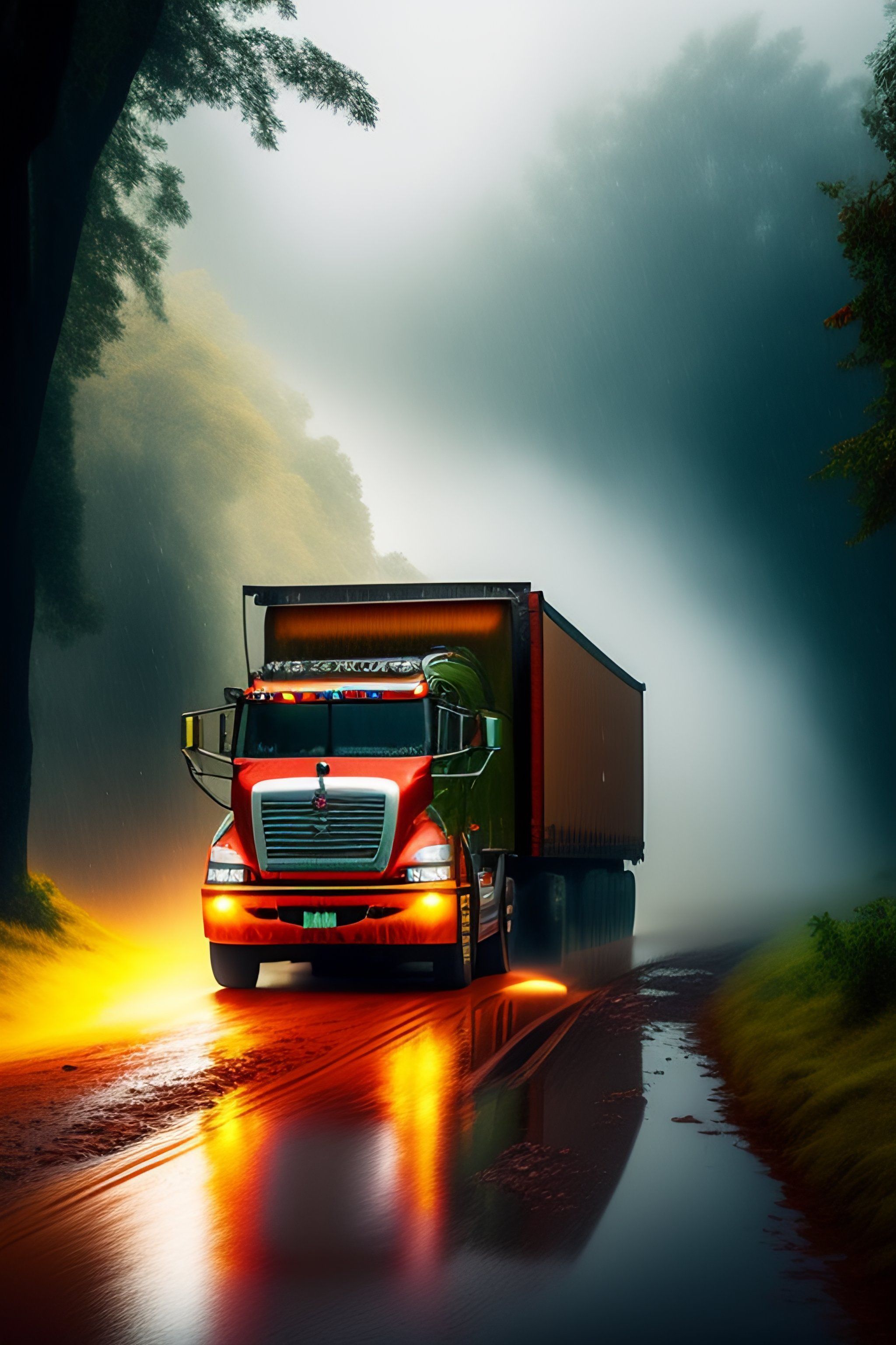 2048x3072 Lexica indian truck goingds on a muddy road during a rain misty and foggy the drivers point of view, realistic, realism, fantasy