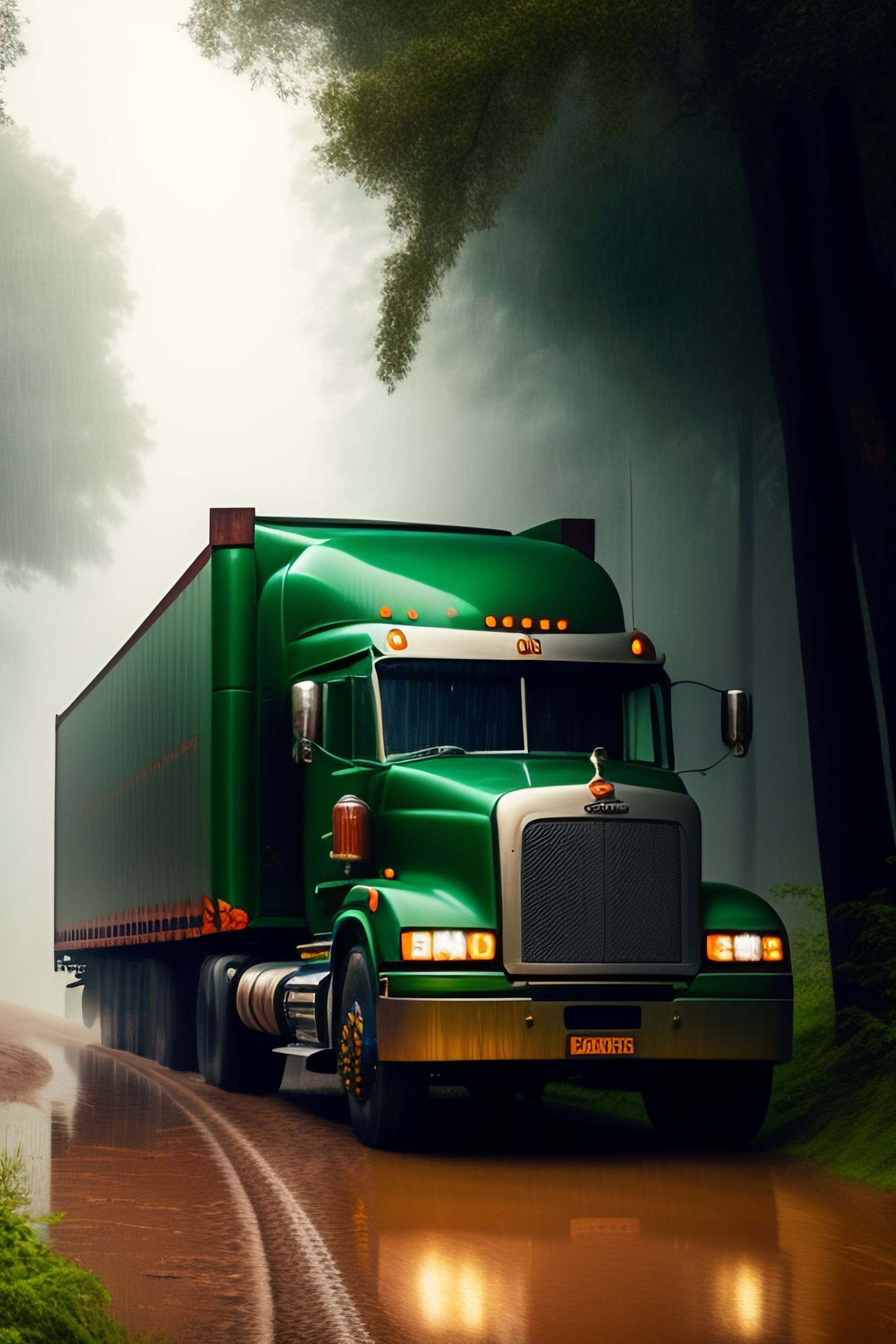 2048x3072 Lexica indian truck goingds on a muddy road during a rain misty and foggy the drivers point of view, realistic, realism, fantasy