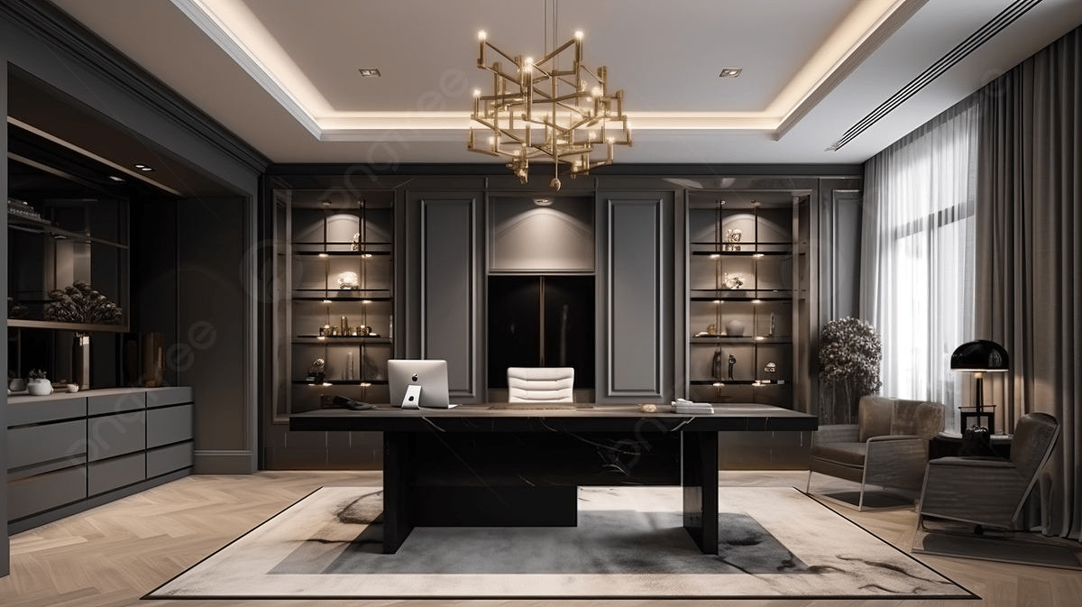 1200x673 Fancy Modern Office With A Stylish Chandelier And Desk Background, 3D Rendering Luxury Office Interior Design Inspiration, HD Photography Photo Background Image And Wallpaper for Free Download