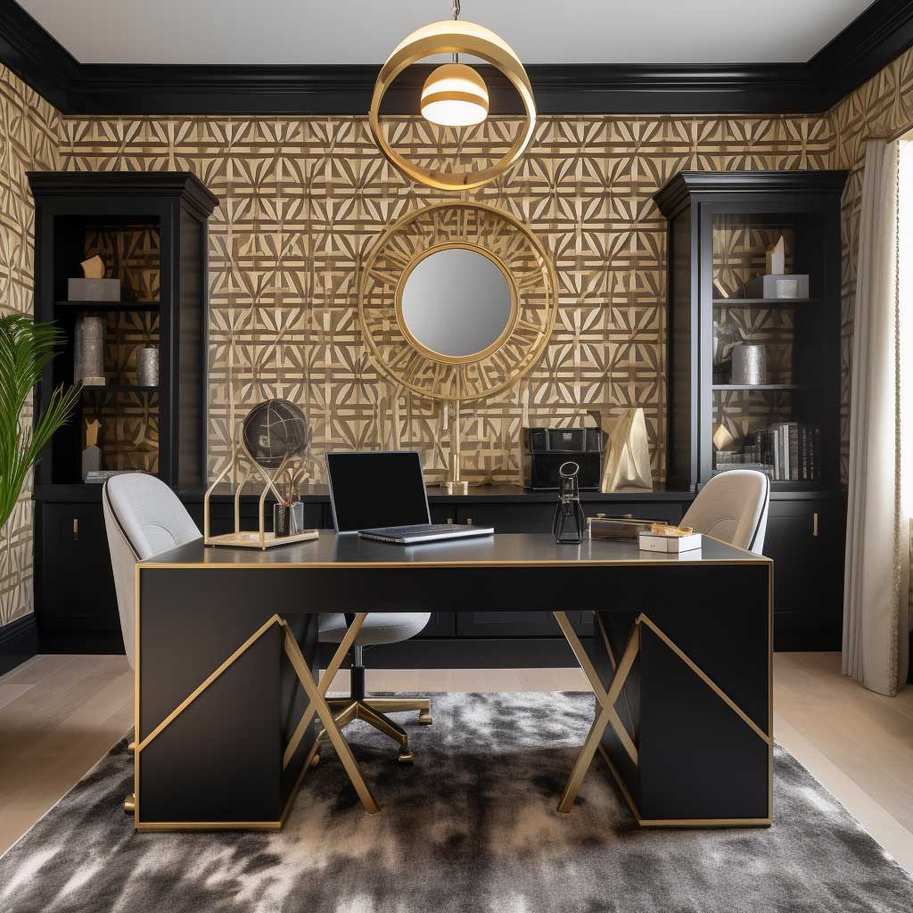 1024x1024 Black and Gold Geometric Wallpaper Enhancing a Luxurious Home Office
