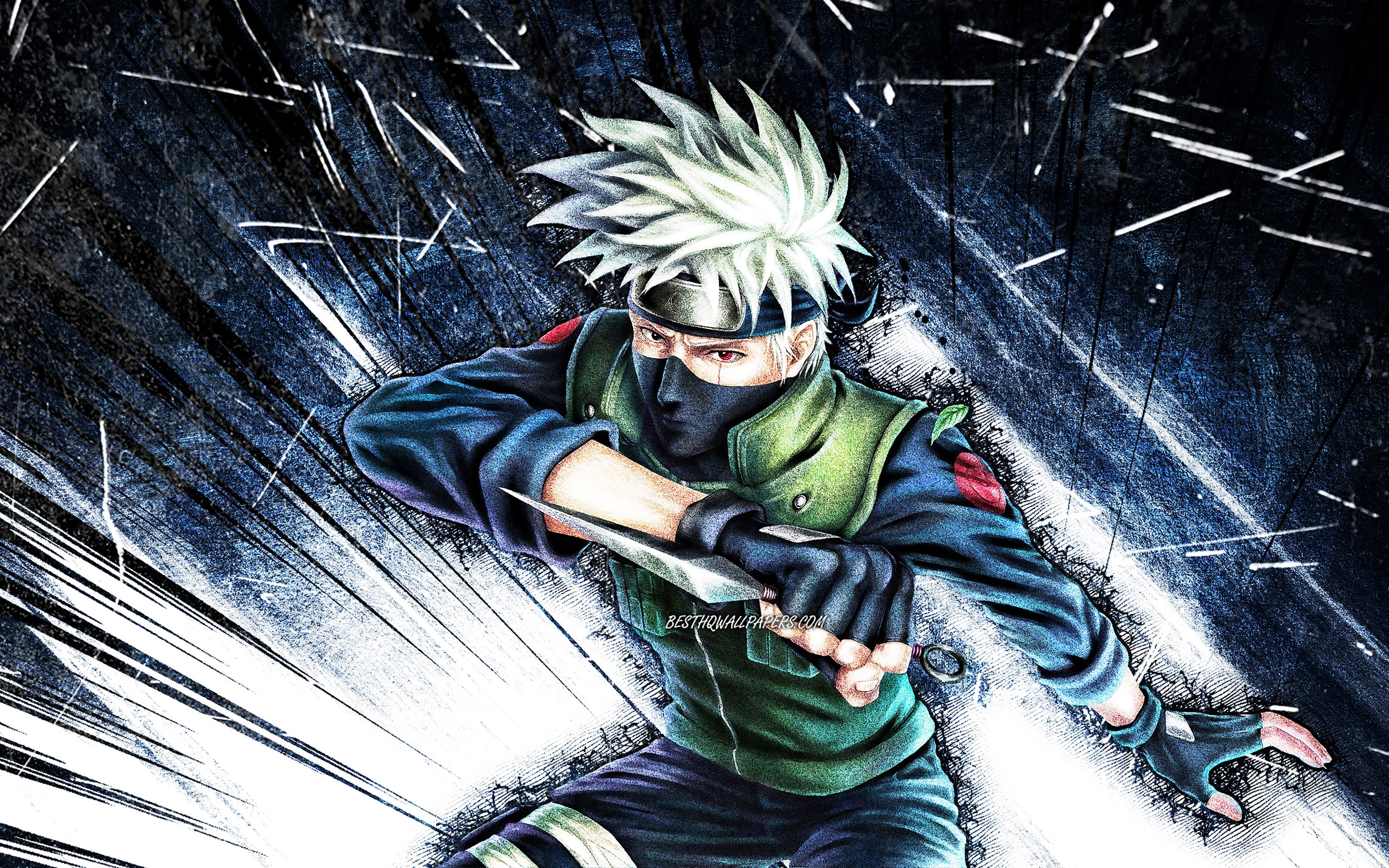 3840x2400 Download wallpaper 4k, Kakashi Hatake, grunge art, Naruto characters, Sharingan, blue abstract rays, Hatake Kakashi, manga, samurai, Naruto for desktop with resolution 3840x2400. High Quality HD picture wallpaper