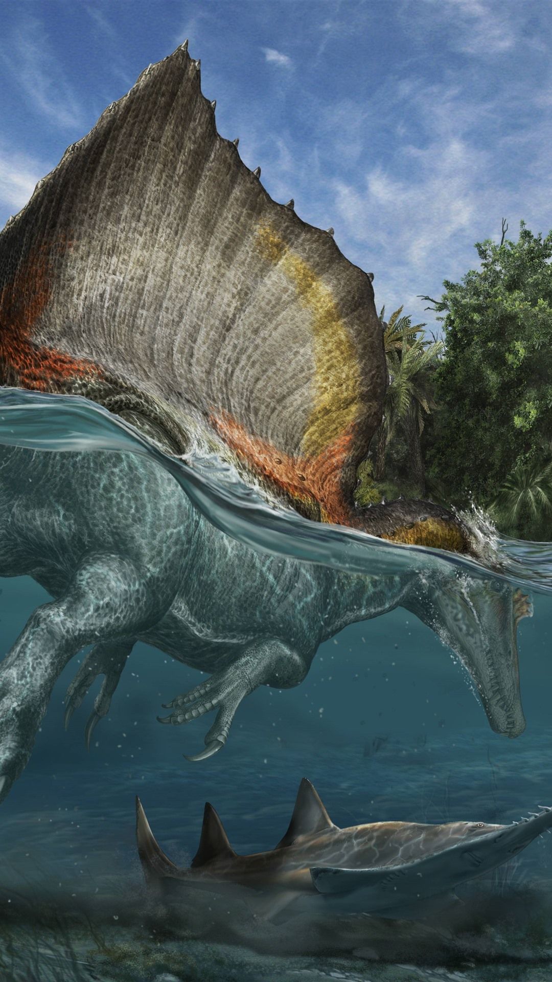 1080x1920 Wallpaper Prehistoric animals, dinosaur, fish, water, trees 3840x2160 UHD 4K Picture, Image