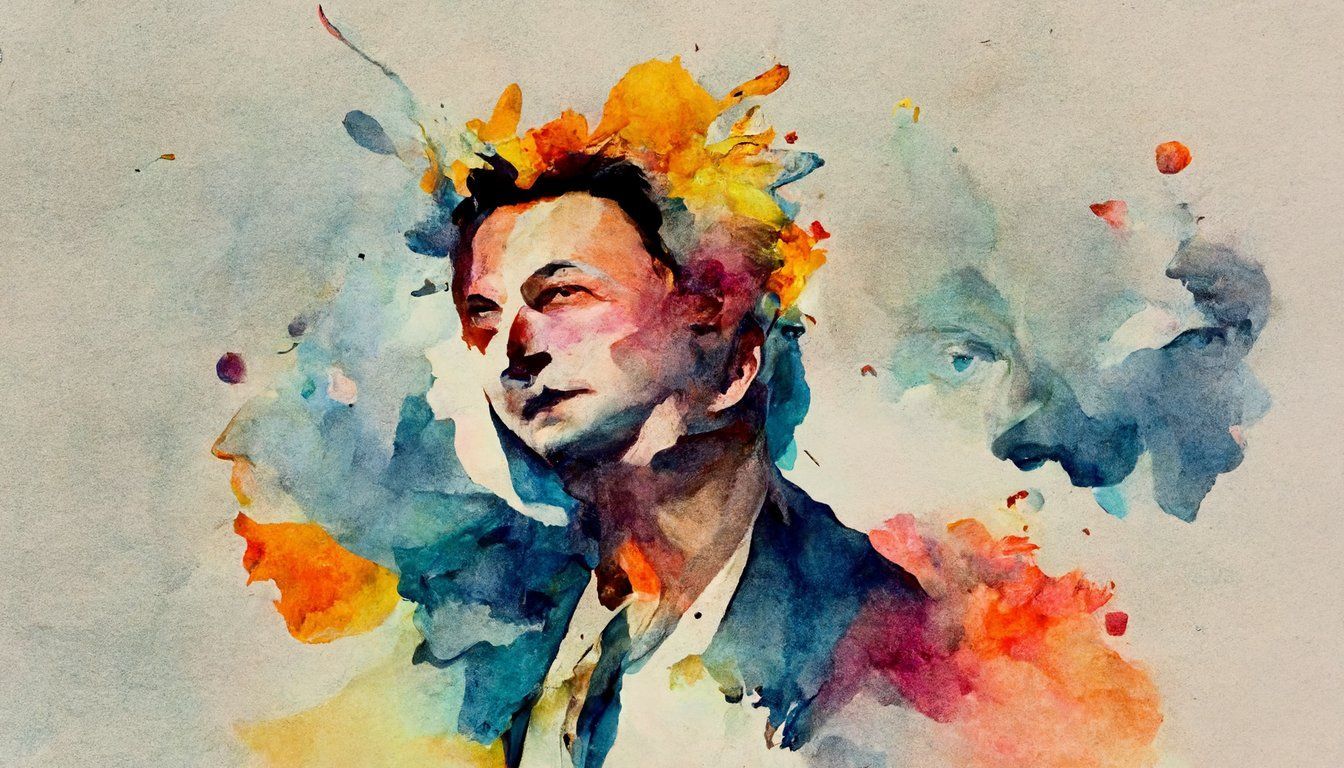 1344x768 prompthunt: Elon Musk, watercolor splash, wallpaper