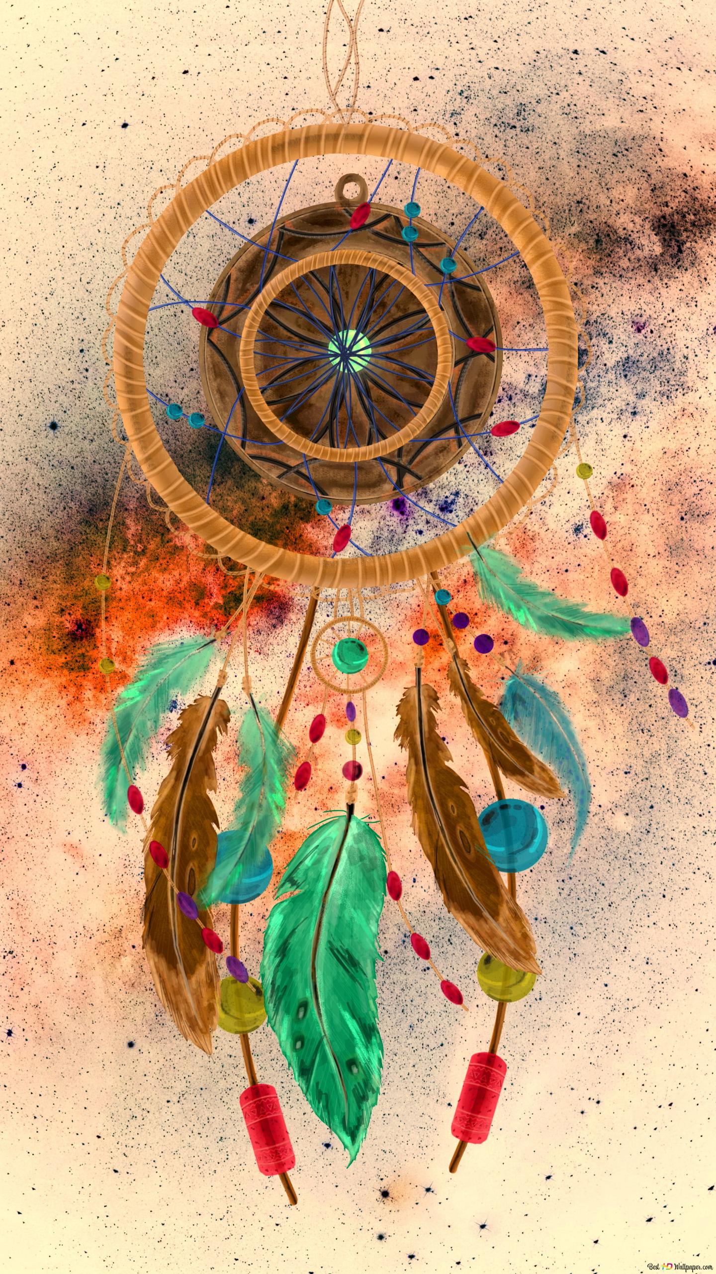 1440x2560 Colorful bird feathers and knitted circles on watercolor splash background HD wallpaper download