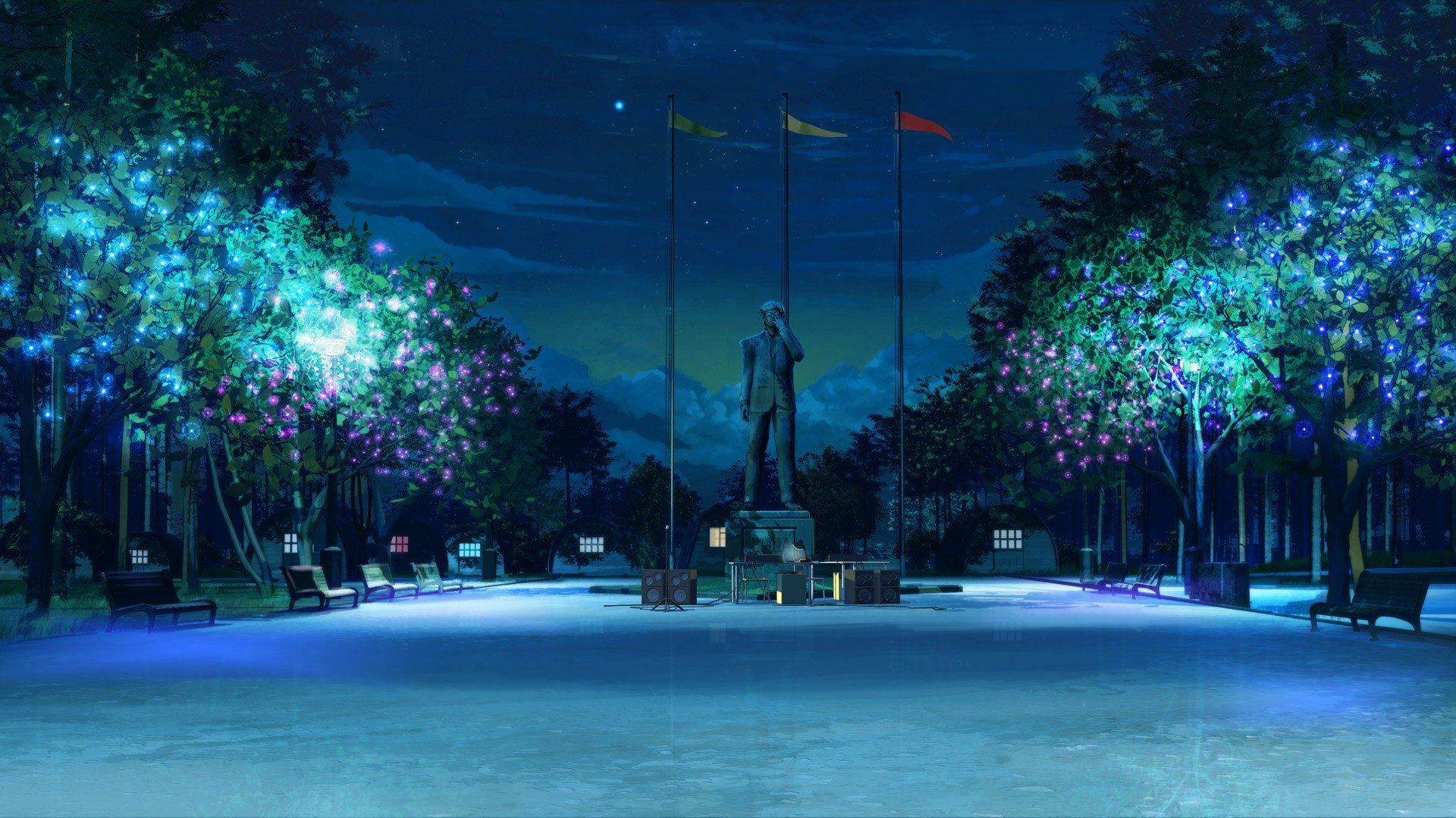 1920x1080 ArseniXC, Everlasting Summer, Night, Trees, Statue, Flag, Bench HD Wallpaper / Desktop and Mobile Image & Photo