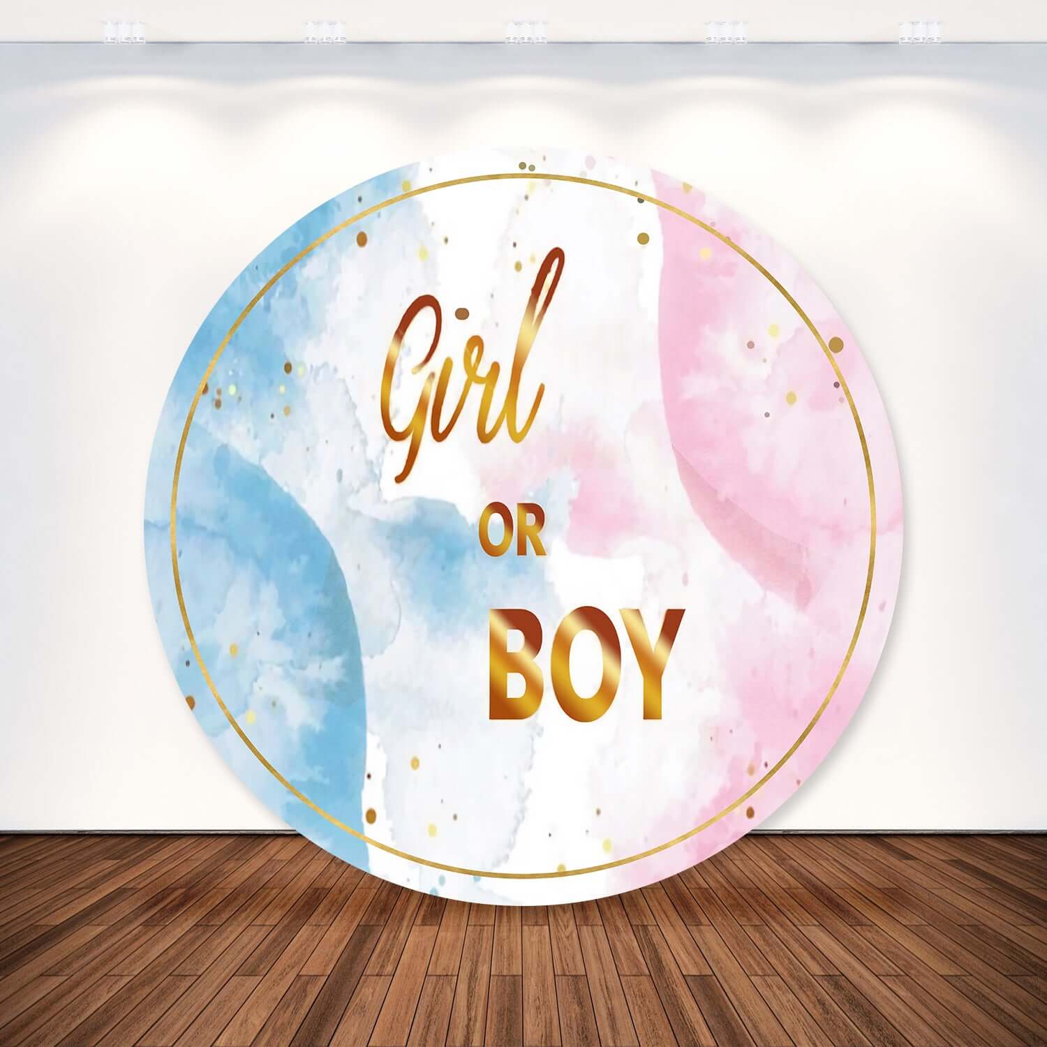 1500x1500 Gold Theme Pink and Blue Boy or Girl Gender Reveal Round Backdrop