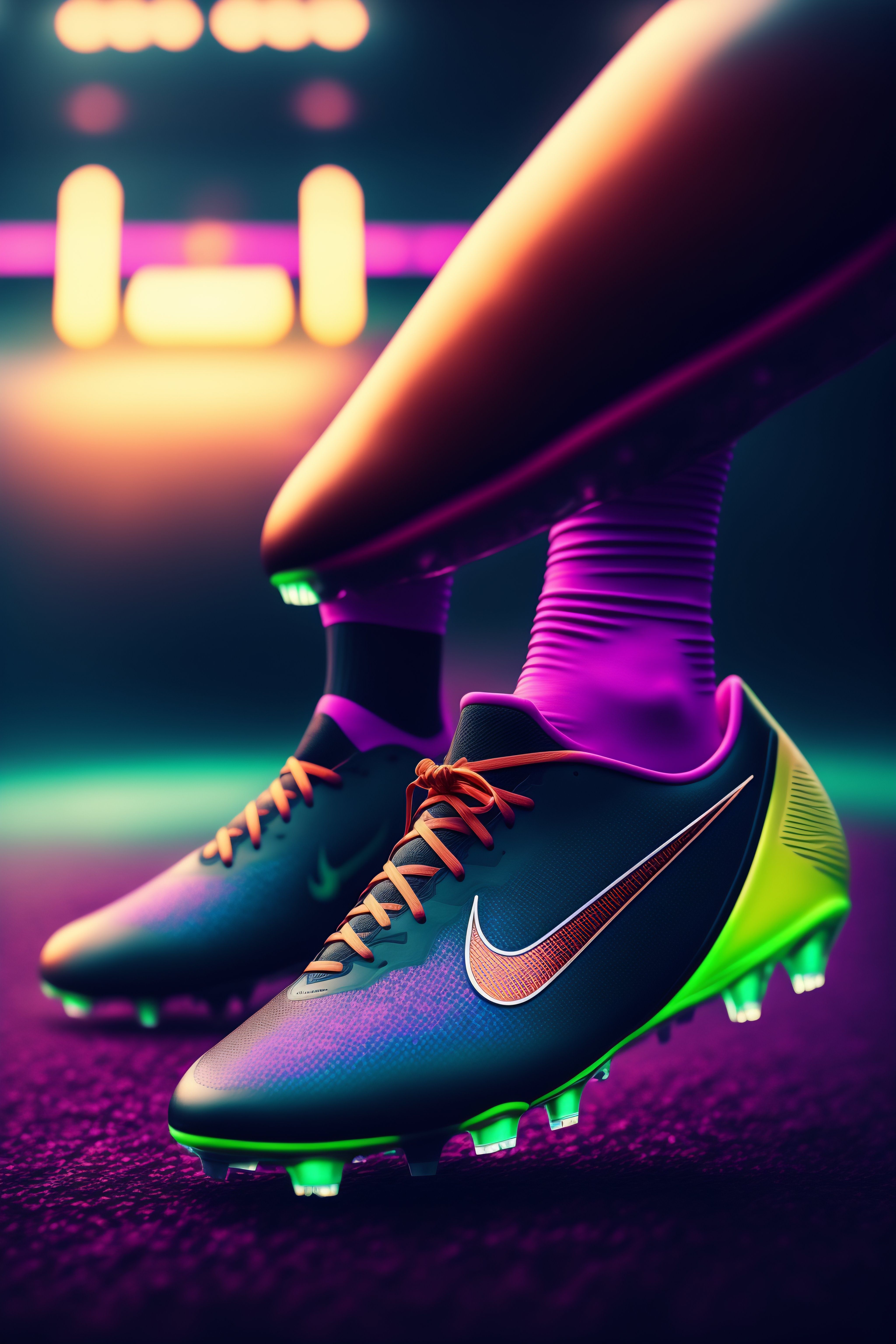 4096x6144 Lexica football shoes in cyberpunk themed football ground