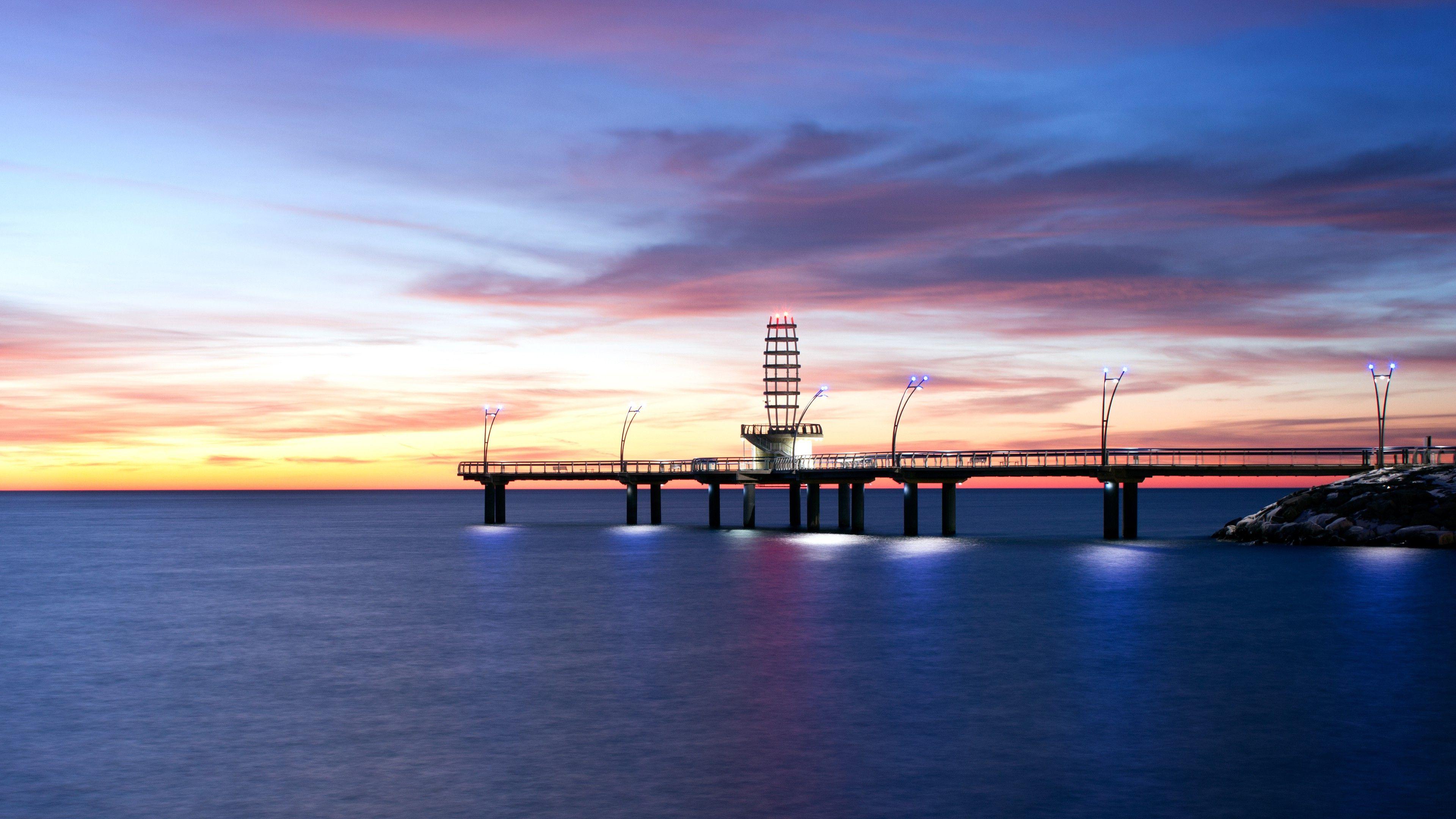 3840x2160 landscape, Dock, Sunrise, Sea Wallpaper HD / Desktop and Mobile