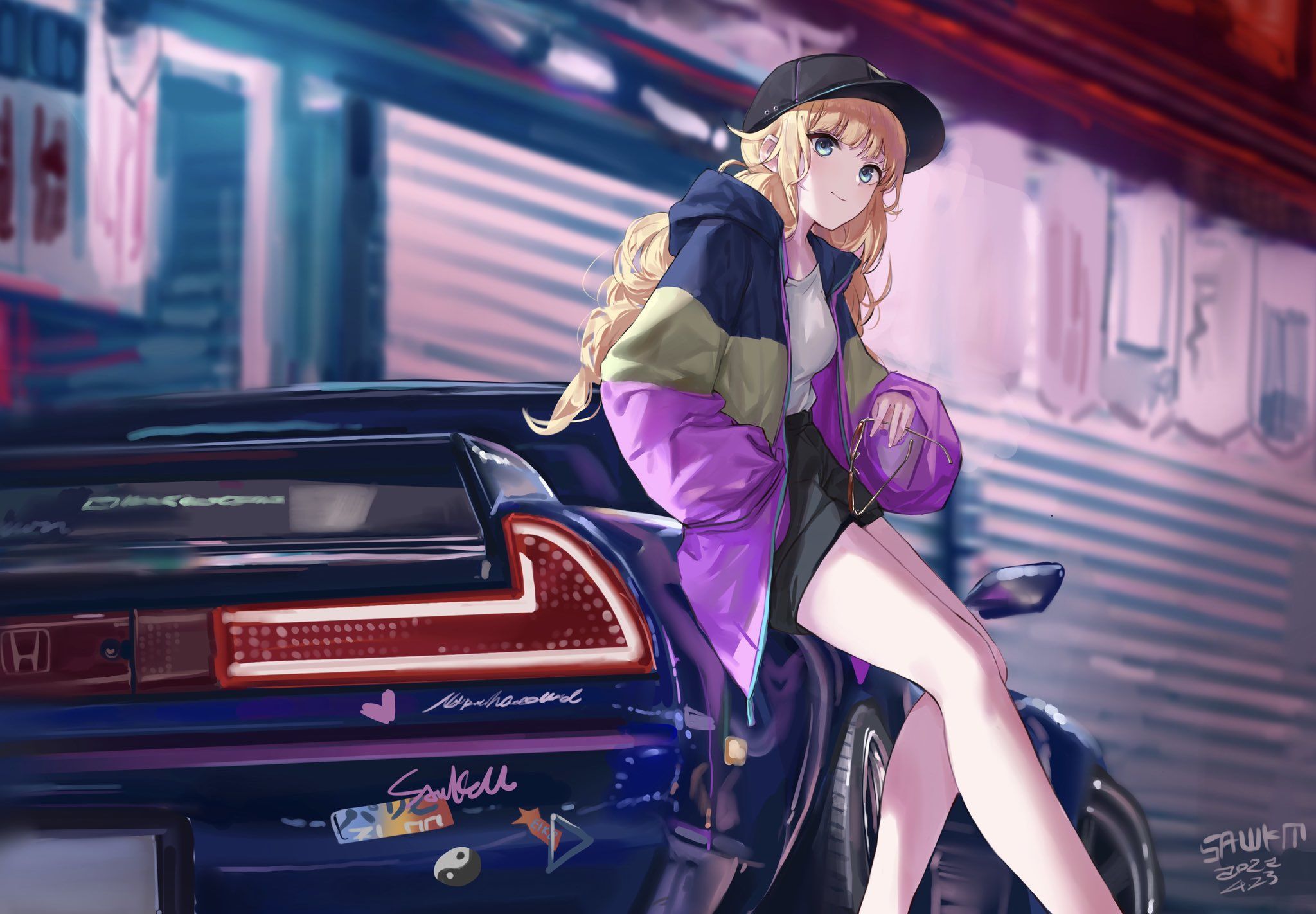 Girl sitting on car hood anime, anime girls, phone, night, Kantoku