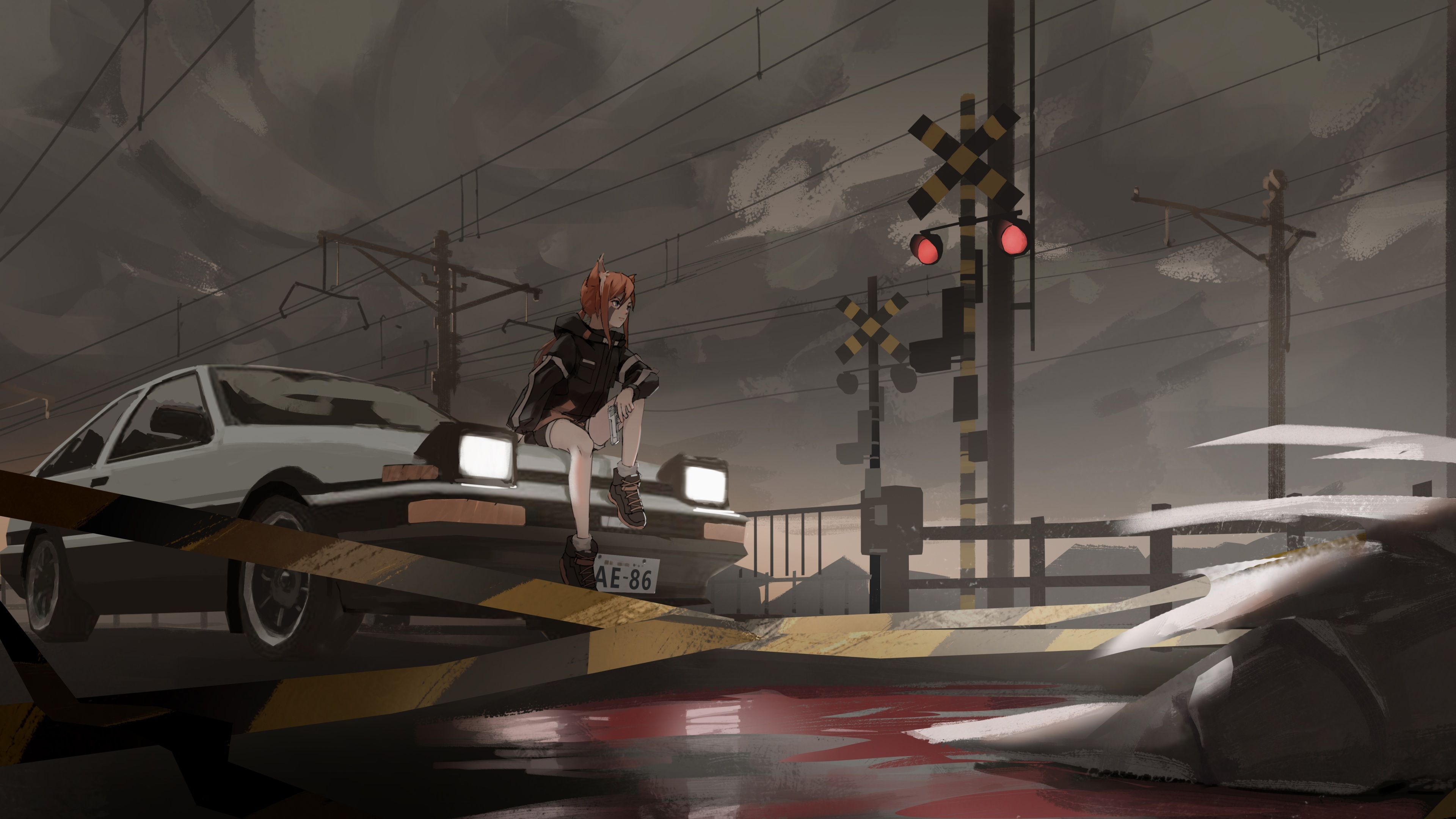 3840x2160 Wallpaper 4k Anime Girl On Train Track With Car Wallpaper