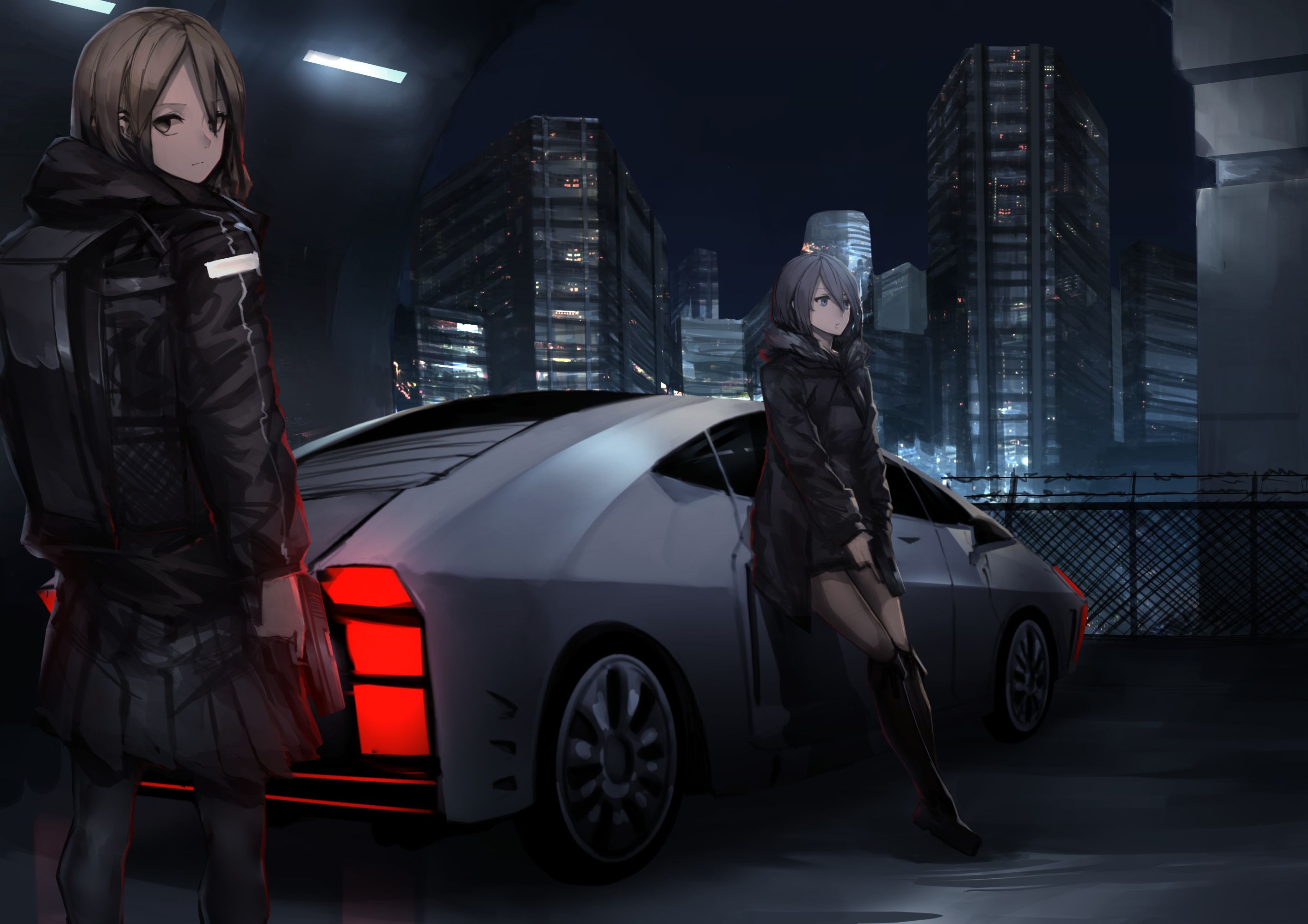 2828x2000 HD desktop wallpaper: Anime, City, Car, Bag, Original, Gun, Black Hair, Brown Hair, Short Hair download free picture