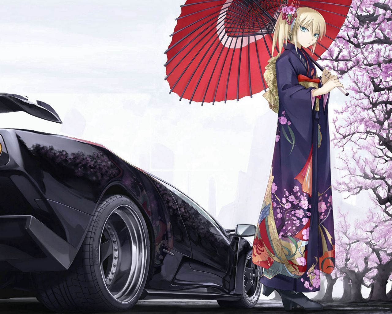 1280x1024 Download wallpaper 1280x1024 girl, umbrella, kimono, sakura, car, classic, spring, style standard 5:4 HD background