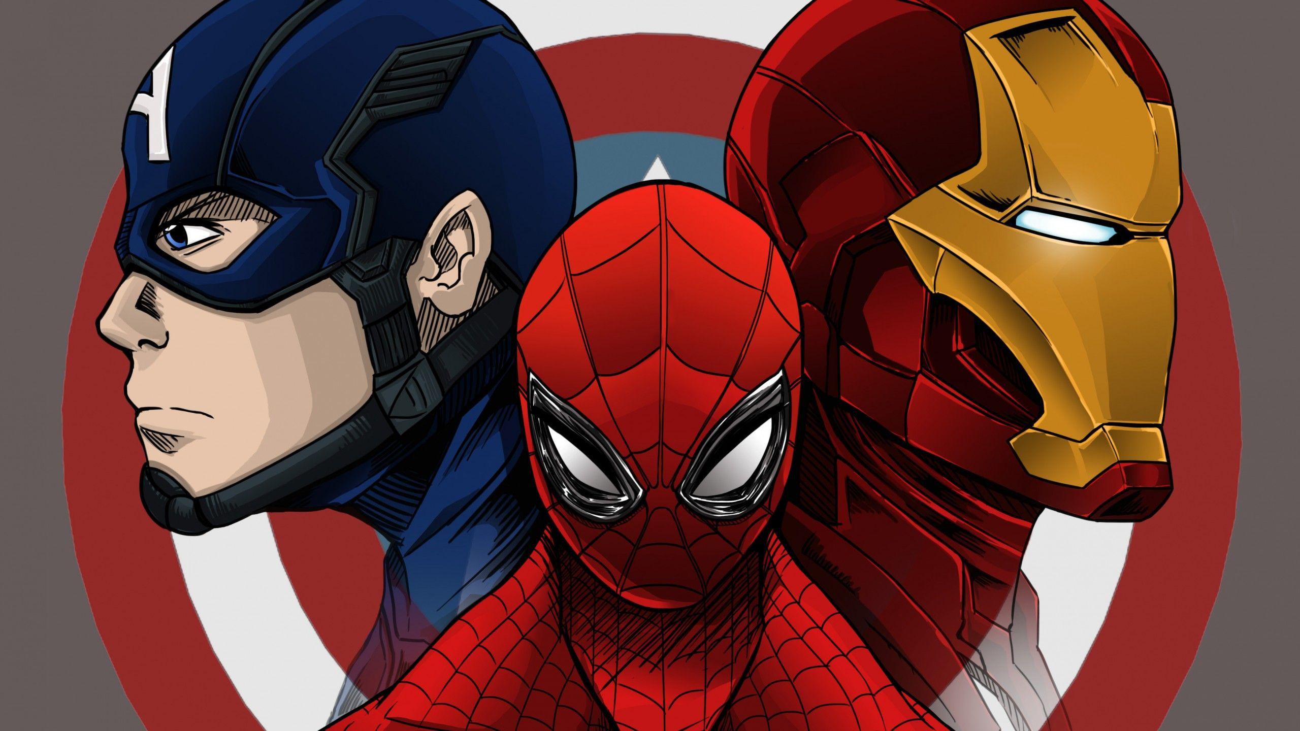 2560x1440 Wallpaper Captain America, Spider Man, Iron Man, Civil War, Artwork