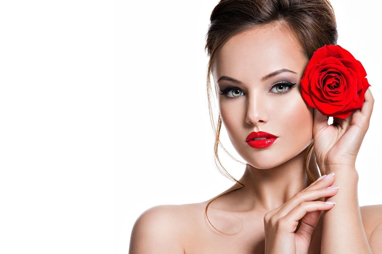 1280x853 Picture Modelling Makeup Beautiful Face Roses female Glance White