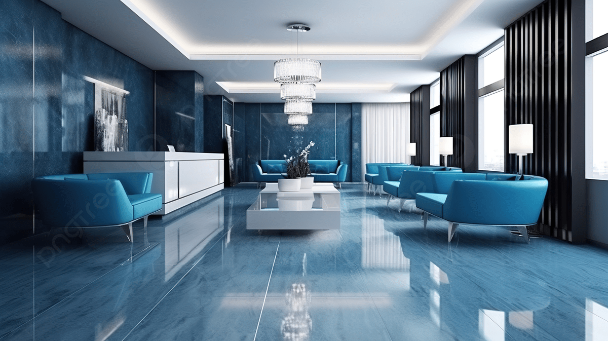 1200x673 Blue Themed Modern Luxury Reception And Lounge In A 3D Rendered Hotel And Office Setting Background, Luxury Hotel, Hotel, Hotel Reception Background Image And Wallpaper for Free Download