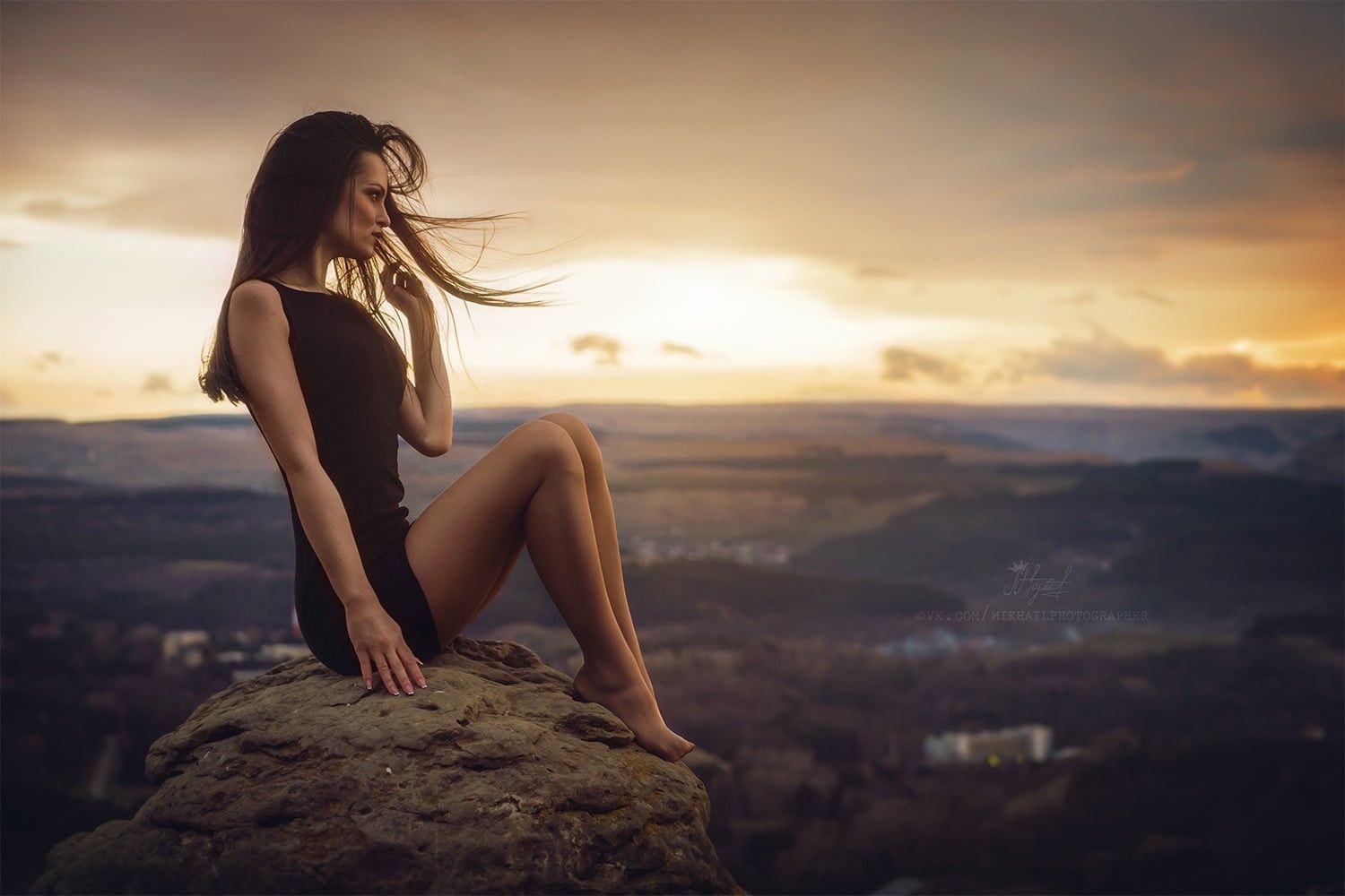 1500x1000 Wallpaper / young adult, landscape, leisure activity, black dress, black, hair, lifestyles, hairstyle, sleeveless, s, beautiful woman, 720P, women, cloud, rock free download