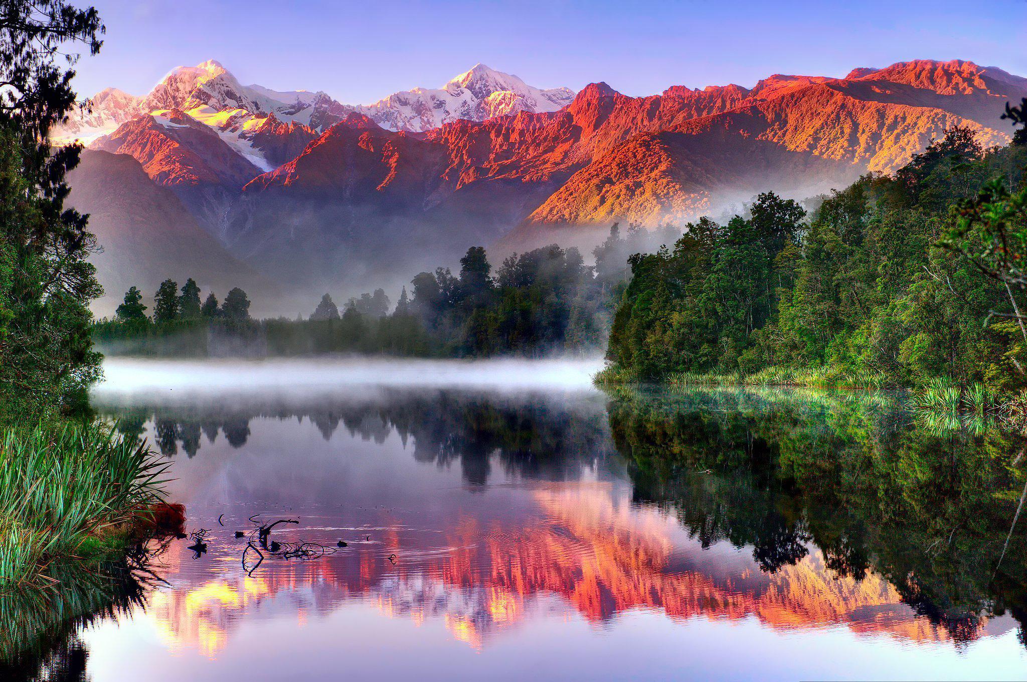 2048x1361 South Island New Zealand Landscape Reflection River Forest Fog Mist
