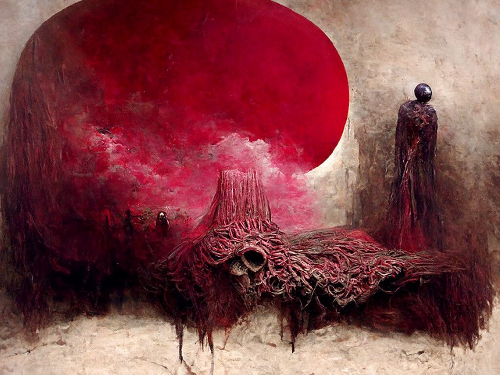 1024x768 A.I guided art, Crimson world inspired by Zdzisław Beksiński. Mind Landscape Vol.1