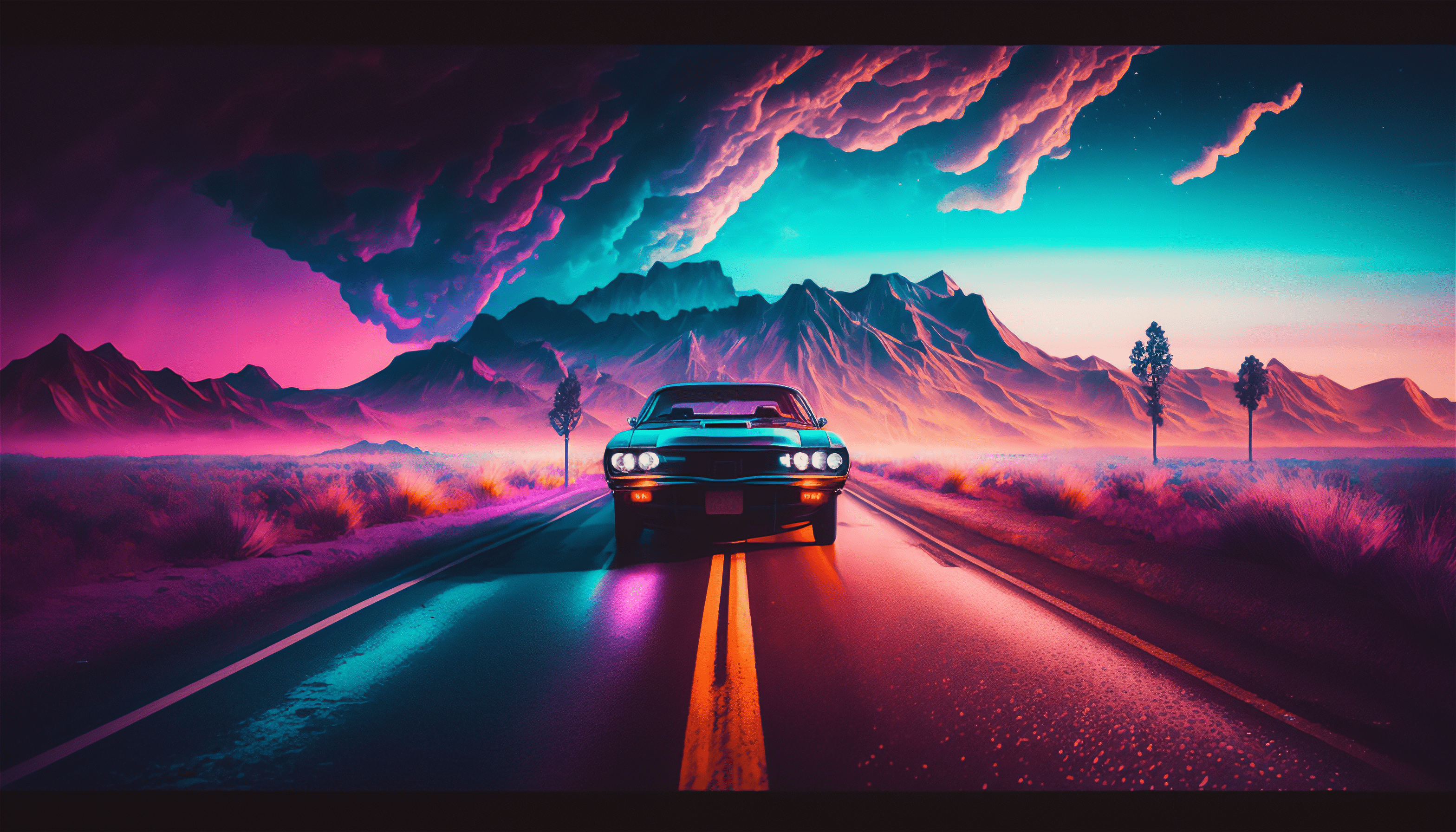 3136x1792 Ai Art Car Synthwave Road Clouds Colorful Illustration Mountains Wallpaper:3136x1792