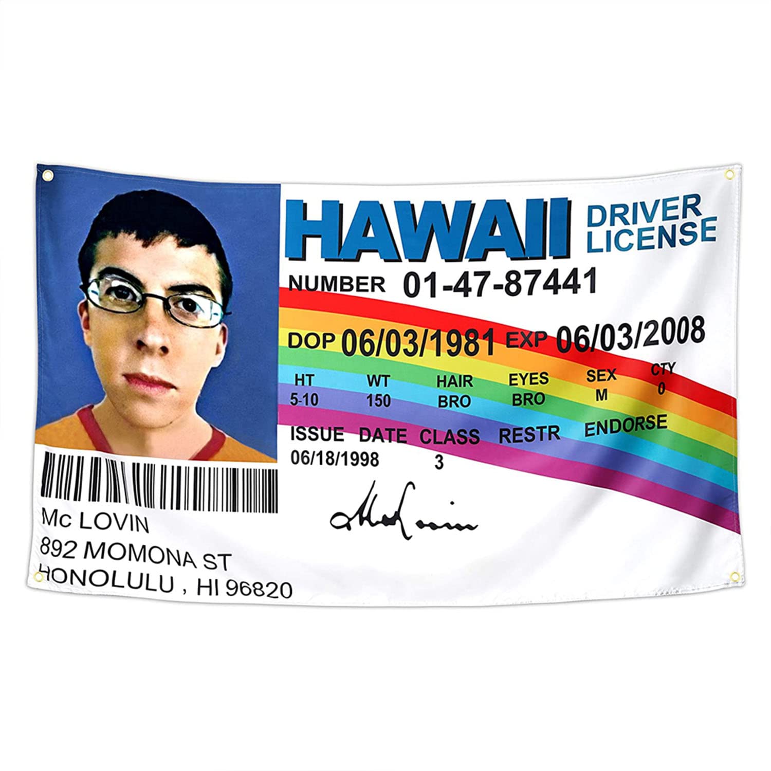 1500x1500 McLovin ID Flag Fake Driver License 3x5Ft Flag, Durable Wall Banner with 4 Brass Grommets, Funny Flag Decorations, Flag for Room, Dorm, Outdoor, Parties, Gift : Everything Else