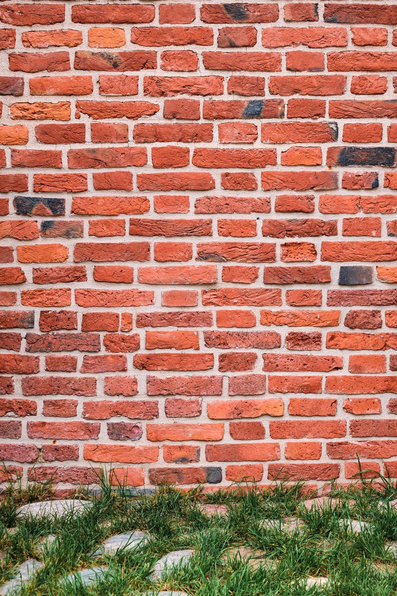 1333x2000 Premium Photo. Red brick wall, old house wall masonry. frame for background or wallpaper. green grass and cobblestones of the road against the wall