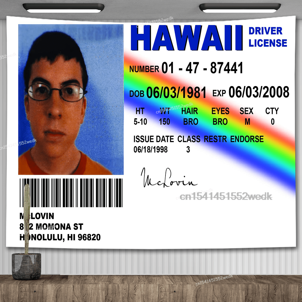 1000x1000 McLovin ID Flag Banner Tapestry Funny Hawaii Driver License Meme Tapestry Aesthetic Room Decor Tapestries Wall Hanging Tapices