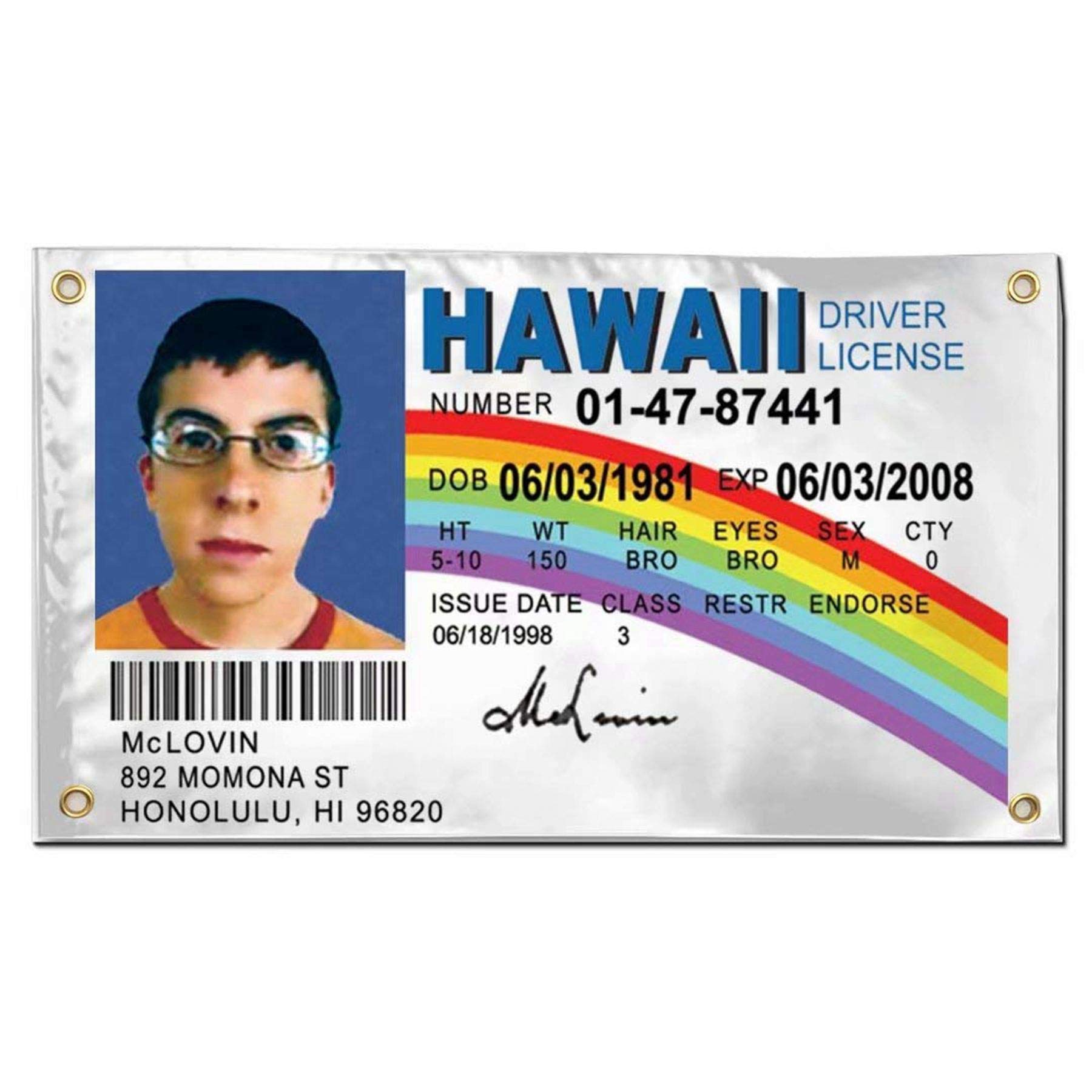 1800x1800 McLovin ID Flag 3x5Feet Fake Driver License Banner Flag for Fraternities Man Cave Room Decor College Parties : Sports & Outdoors