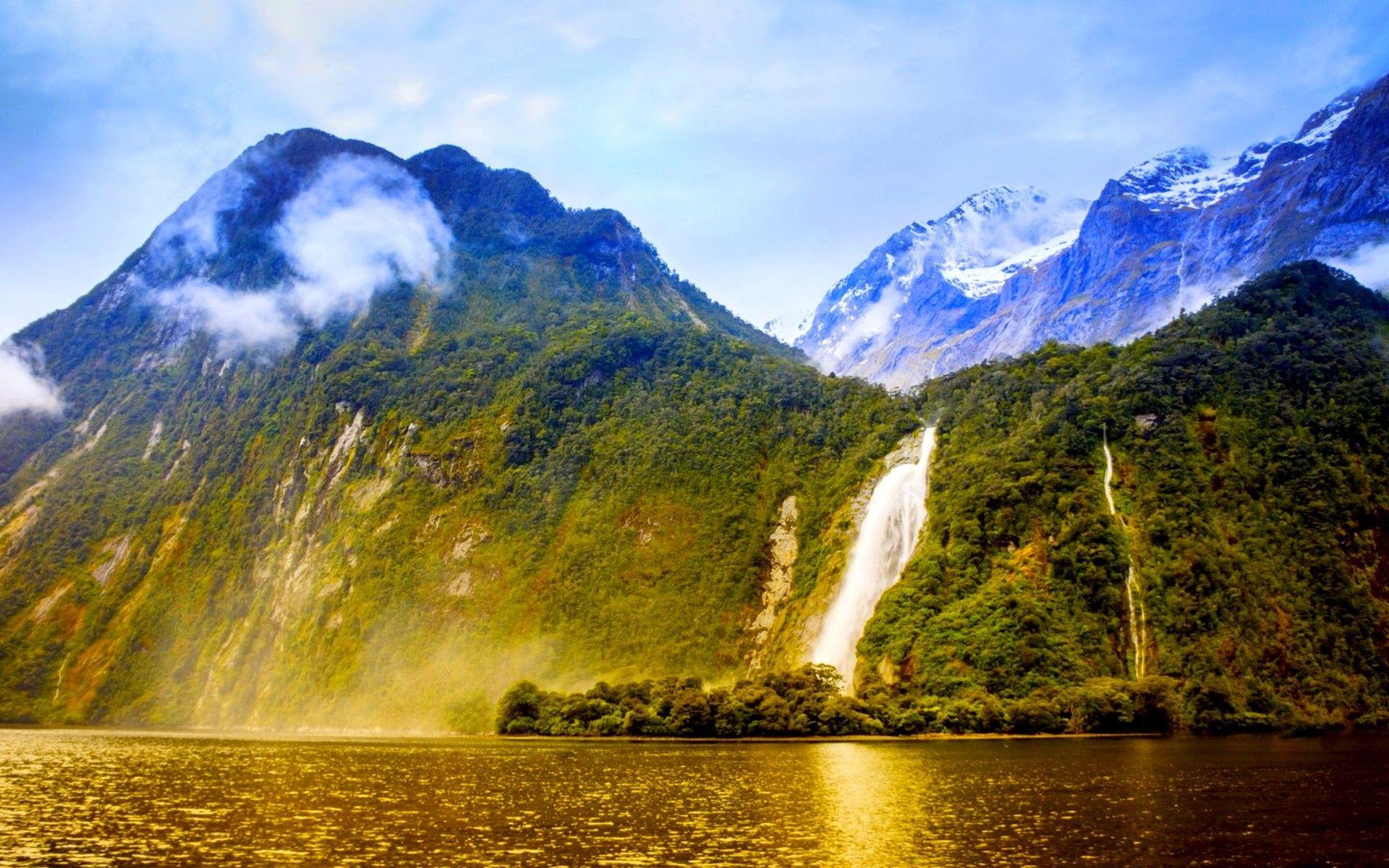 1920x1200 Mountain: MOUNTAIN FLOW Lake New Zealand Landscape Waterfall