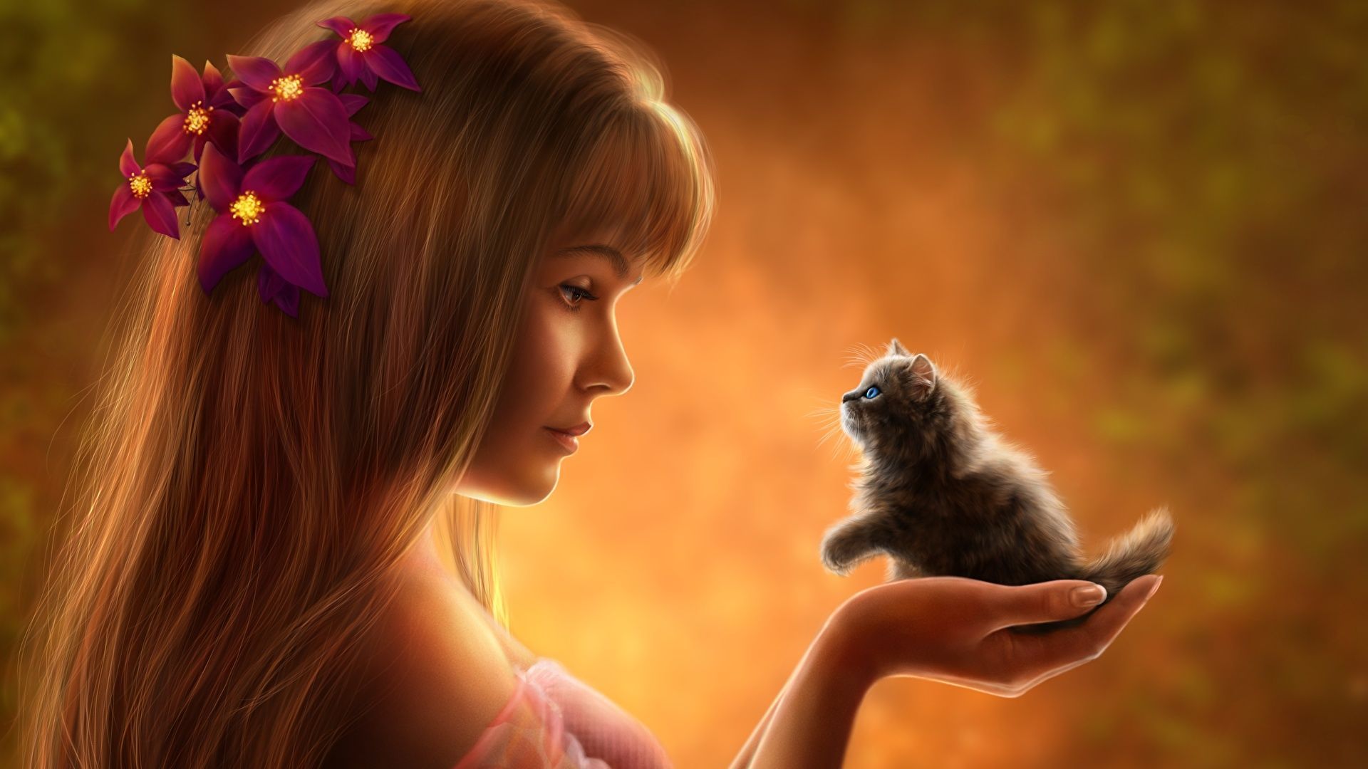 1920x1080 Wallpaper kitty cat Cats Hair Girls Hands Painting Art 1920x1080
