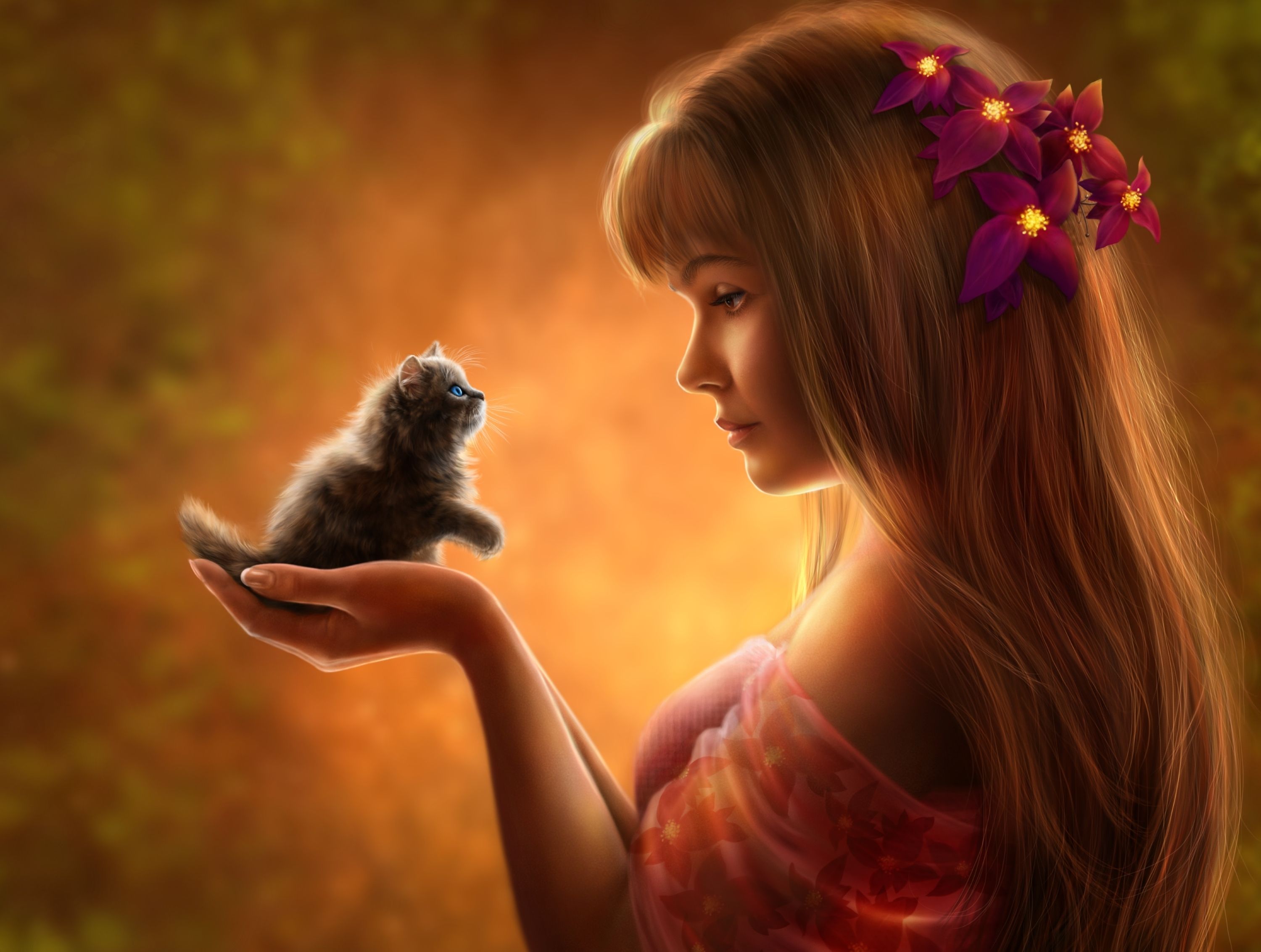 3000x2265 Girl With Cat Wallpaper
