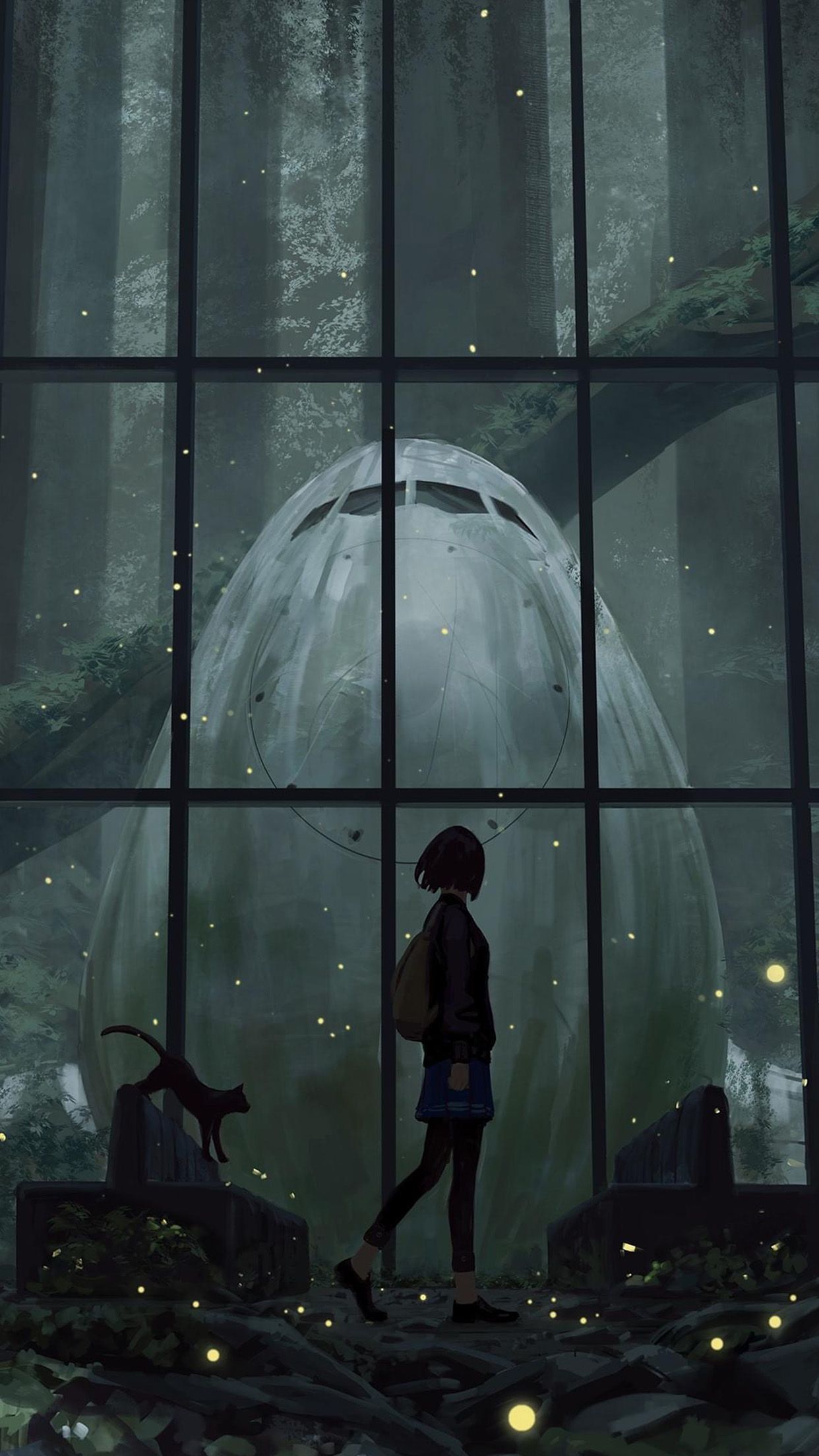 1242x2208 Art Girl Plane Walk Cat Wallpaper