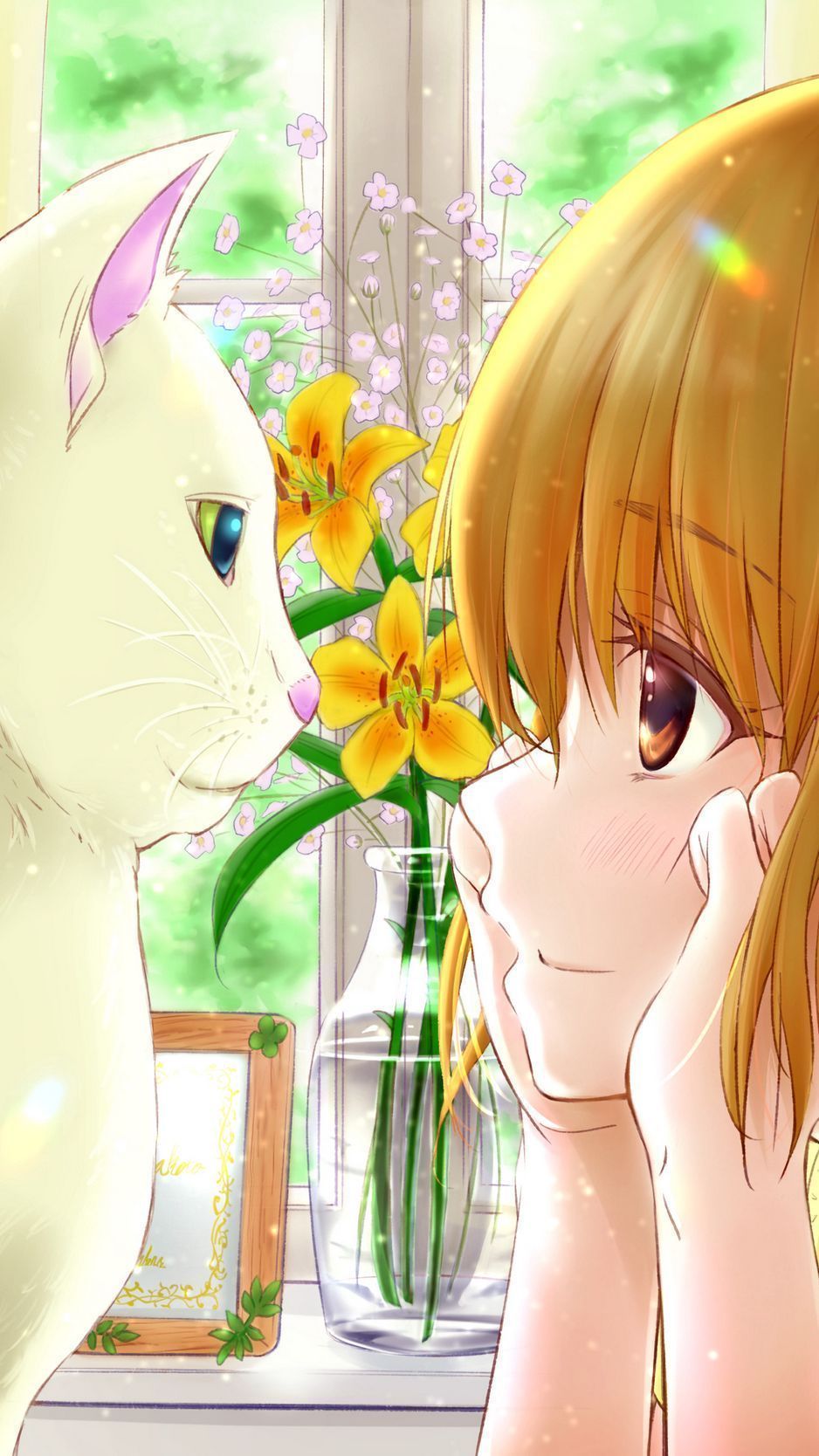 938x1668 Download Wallpaper 938x1668 Girl, Cat, Vase, Flowers, Anime Iphone 8 7 6s 6 For Parallax HD Background