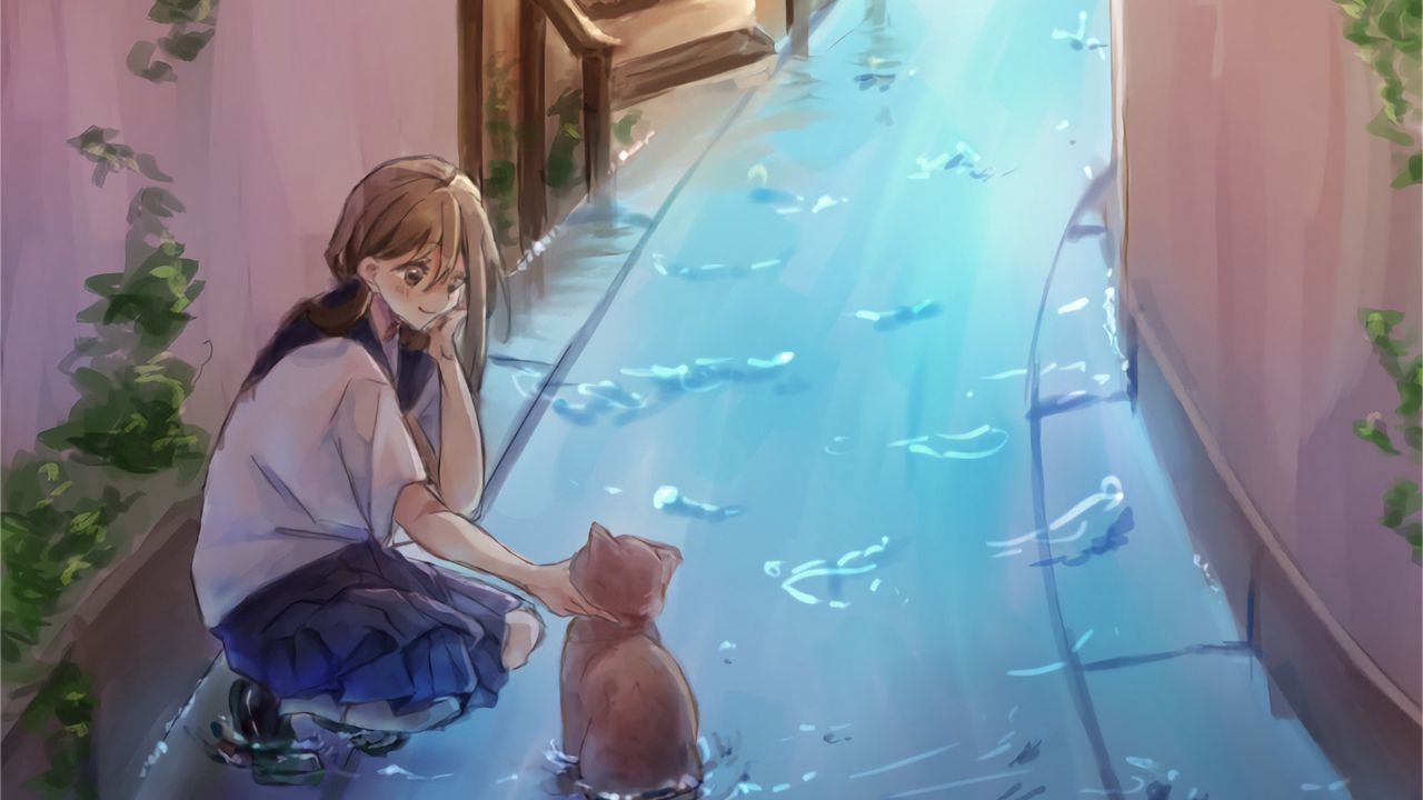 1280x720 Wallpaper girl, cat, water, street, anime hd, picture, image
